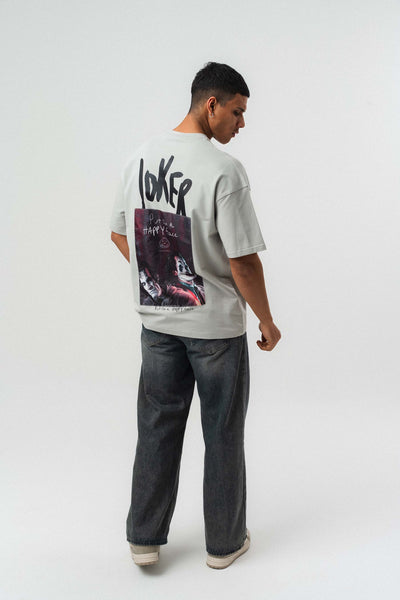 Joker Put On Happy Face Baskılı Gri Oversize Baskılı T-Shirt