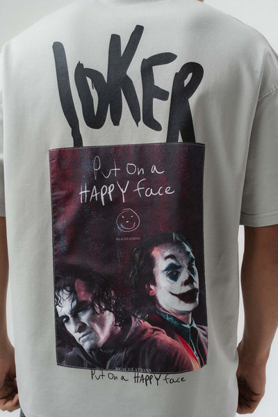 Joker Put On Happy Face Baskılı Gri Oversize Baskılı T-Shirt