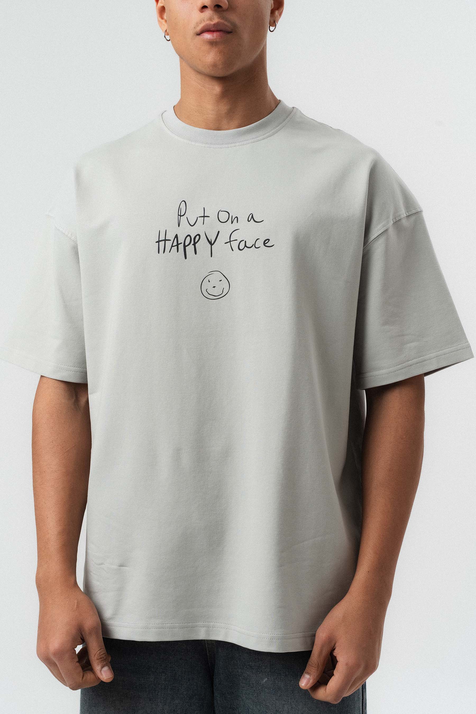 Joker Put On Happy Face Baskılı Gri Oversize Baskılı T-Shirt