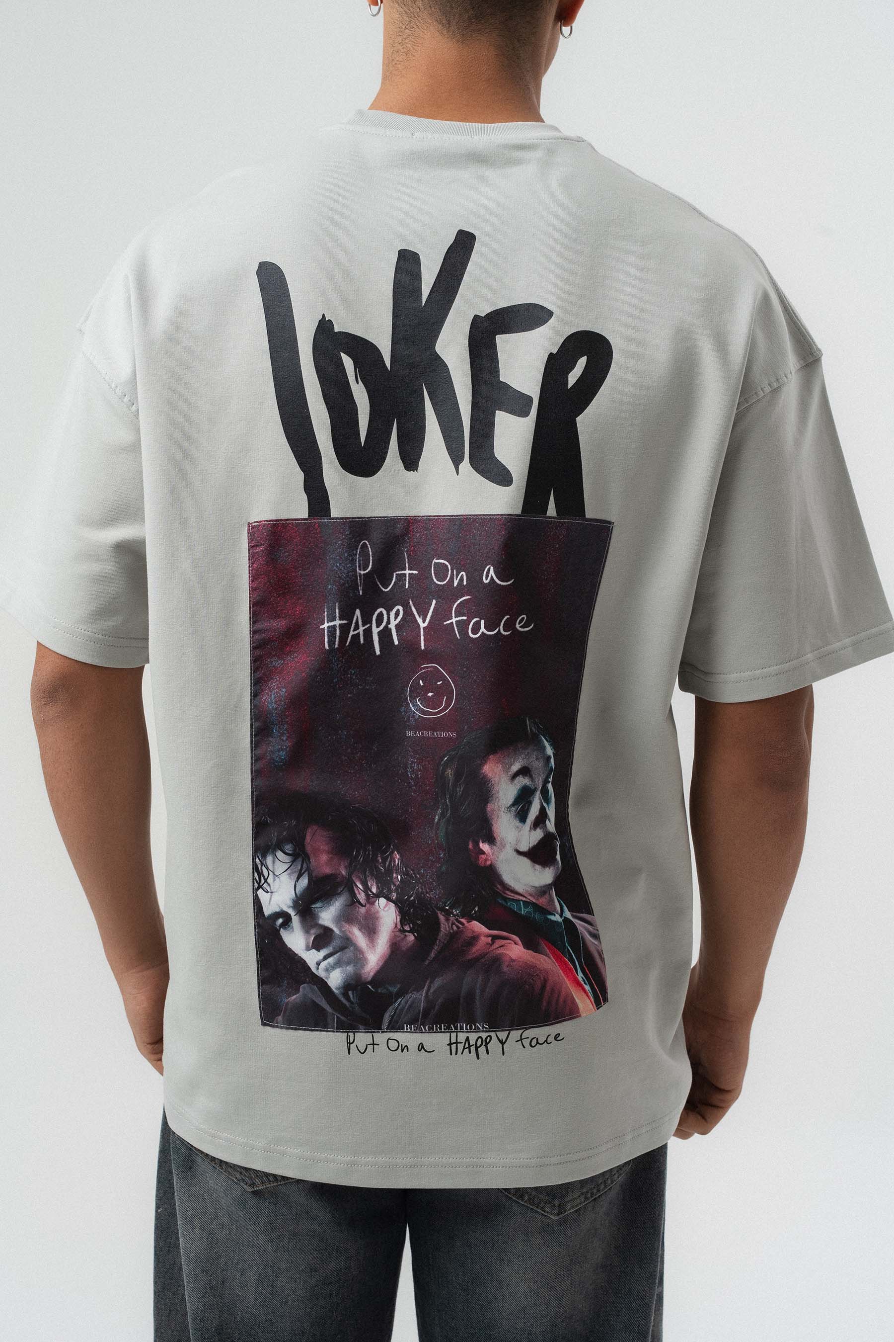 Joker Put On Happy Face Baskılı Gri Oversize Baskılı T-Shirt