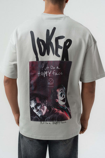 Joker Put On Happy Face Baskılı Gri Oversize Baskılı T-Shirt