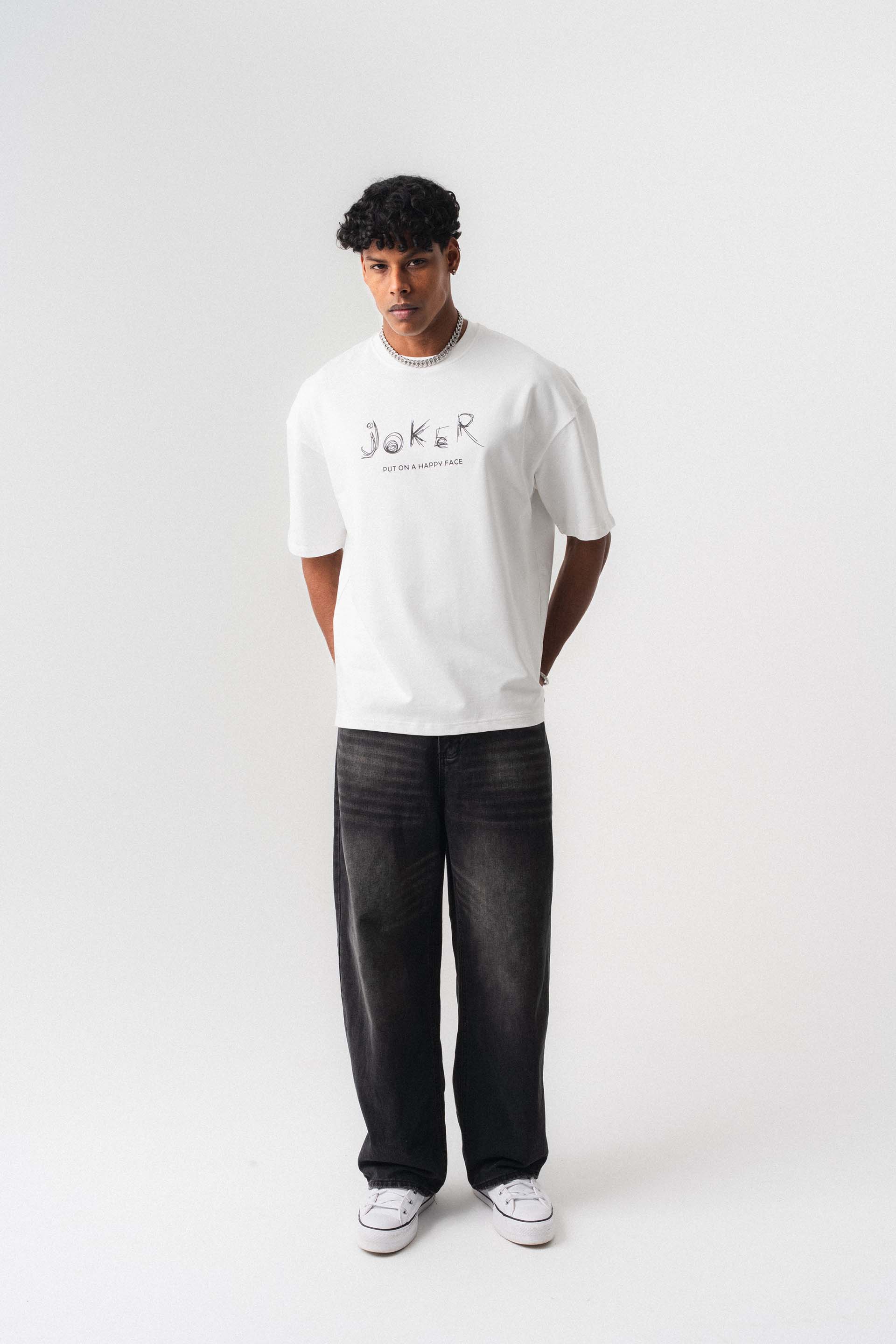 Joker Put On Happy Face Beyaz Oversize Baskılı T-Shirt