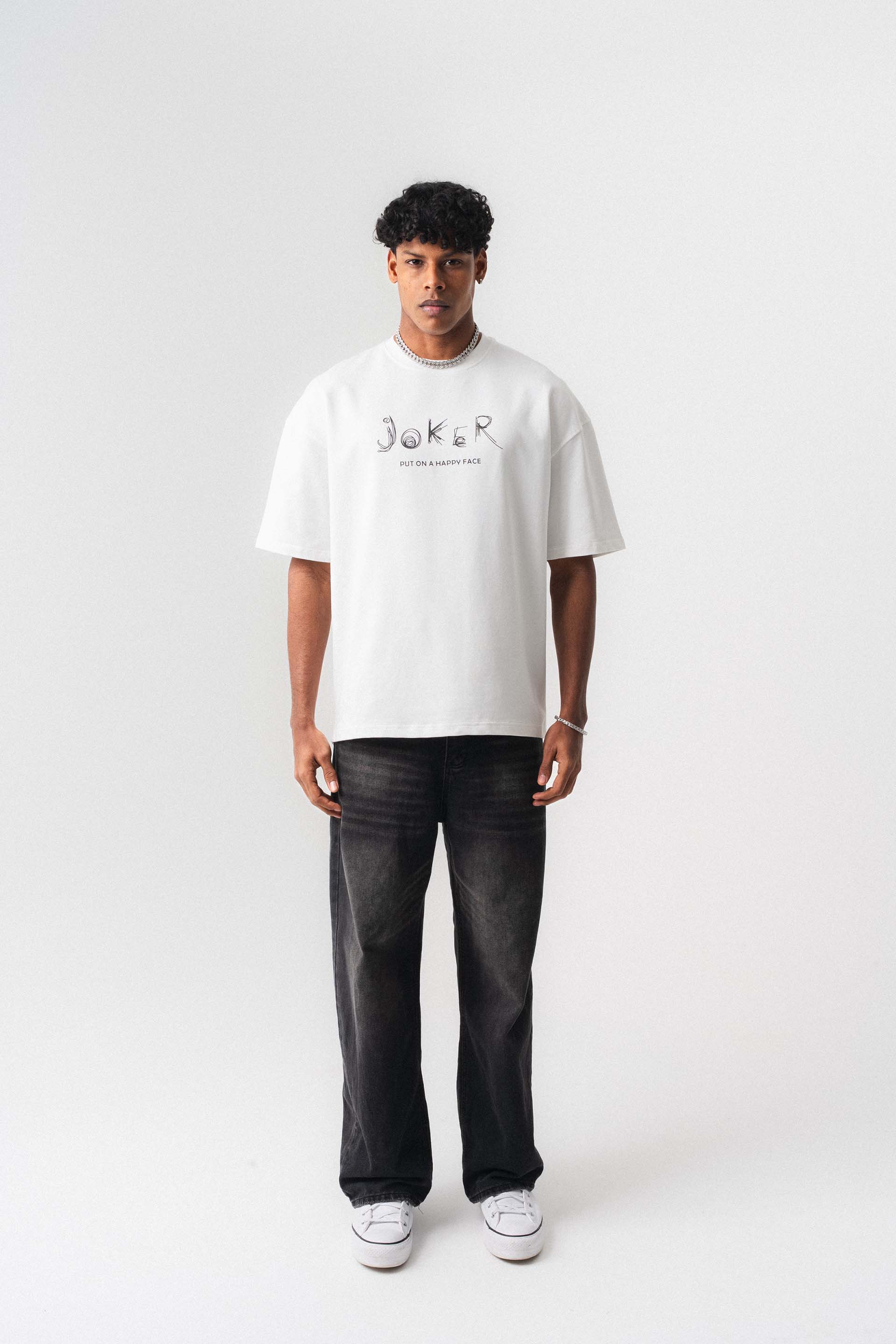 Joker Put On Happy Face Beyaz Oversize Baskılı T-Shirt