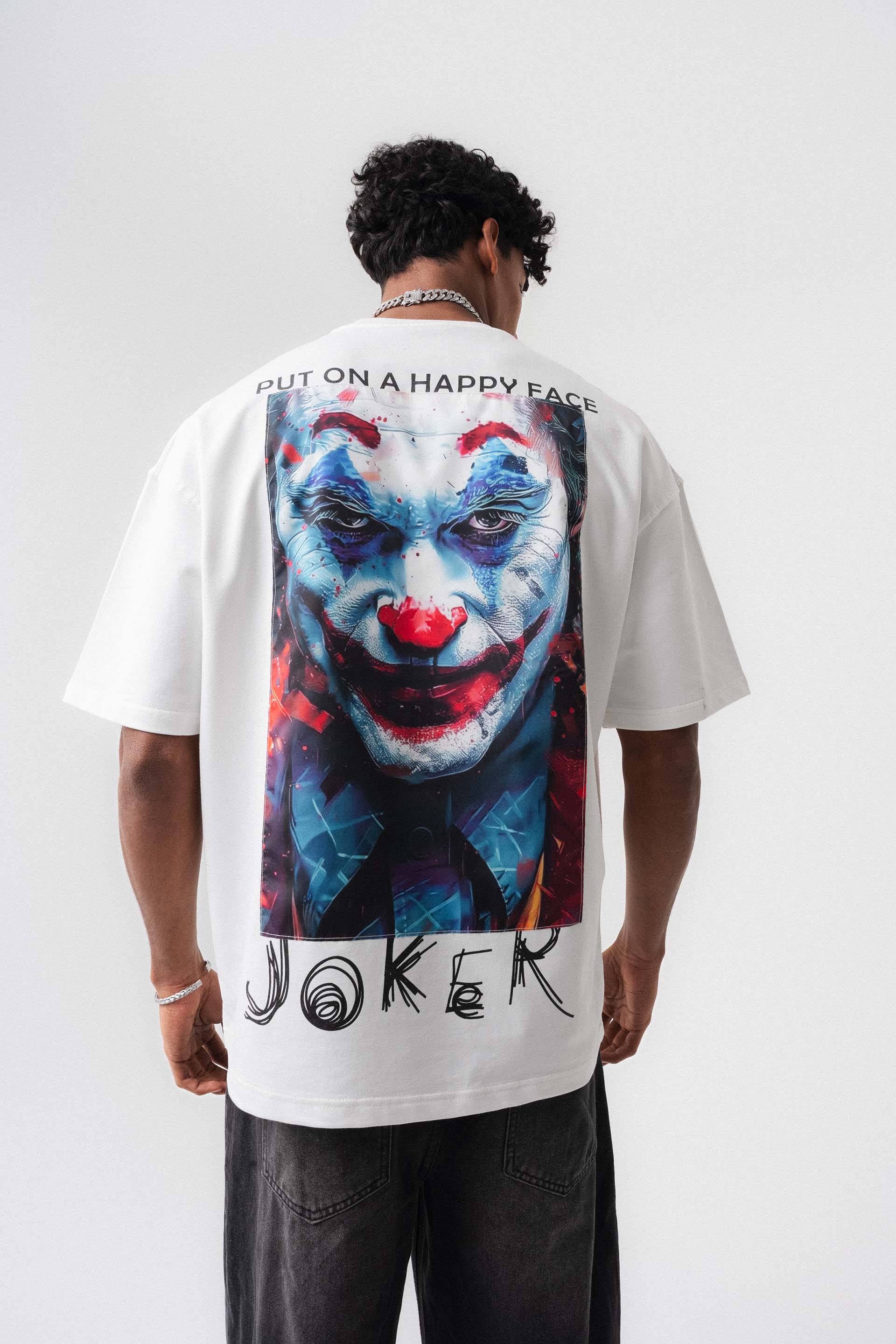 Joker Put On Happy Face Beyaz Oversize Baskılı T-Shirt