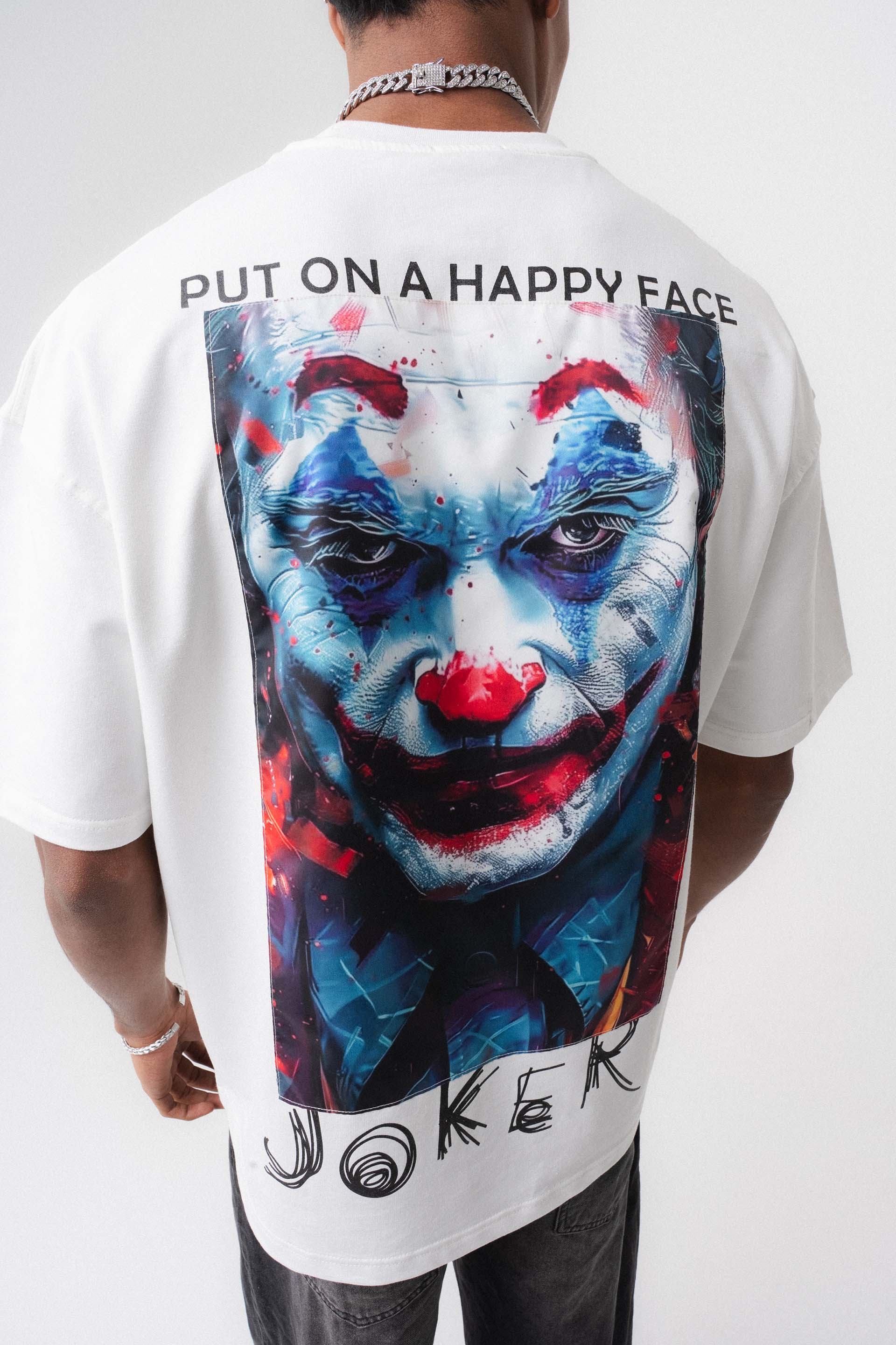Joker Put On Happy Face Beyaz Oversize Baskılı T-Shirt