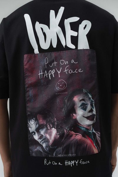 Joker Put On Happy Face Baskılı Siyah Oversize Baskılı T-Shirt