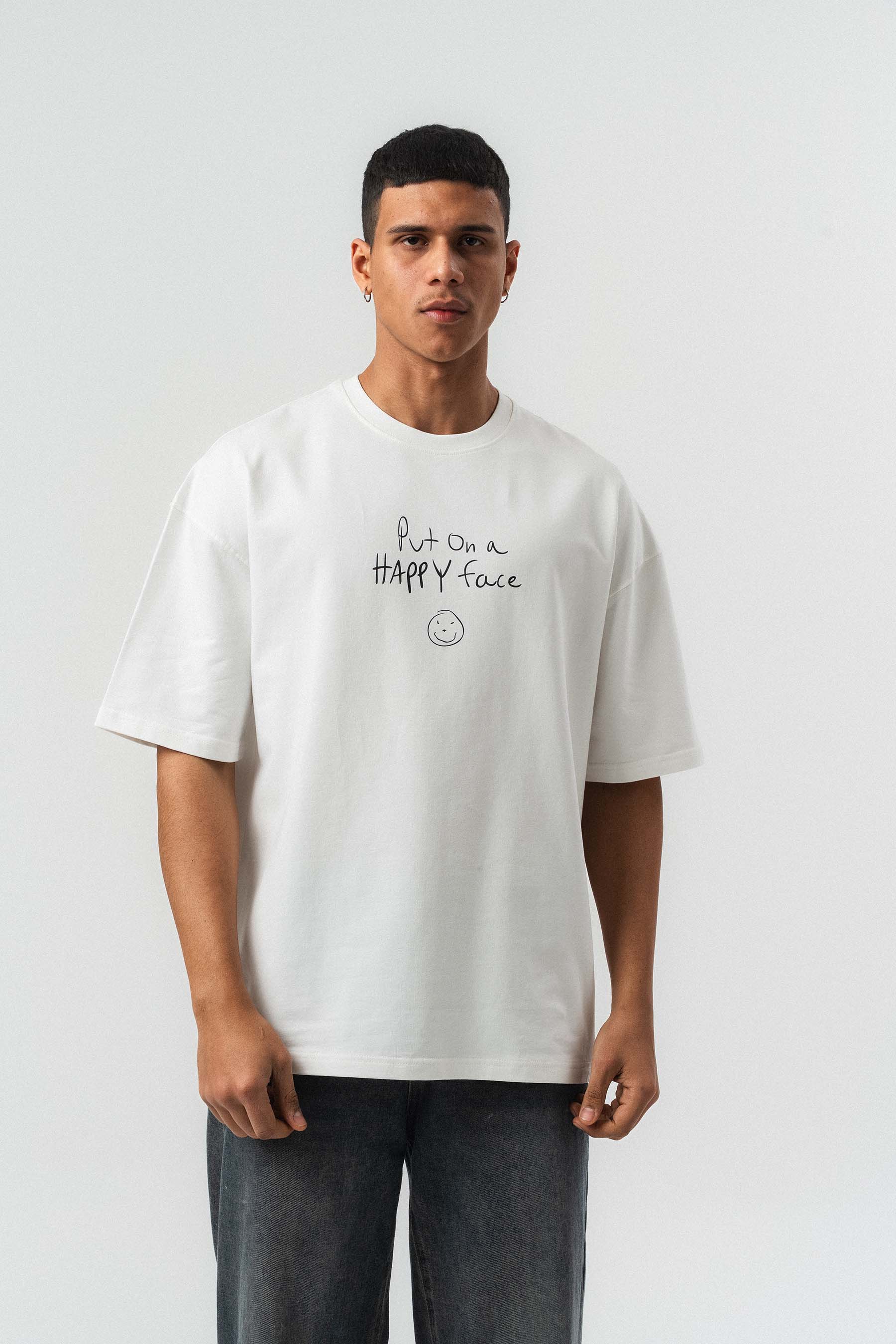 Joker Put On Happy Face Baskılı Beyaz Oversize Baskılı T-Shirt