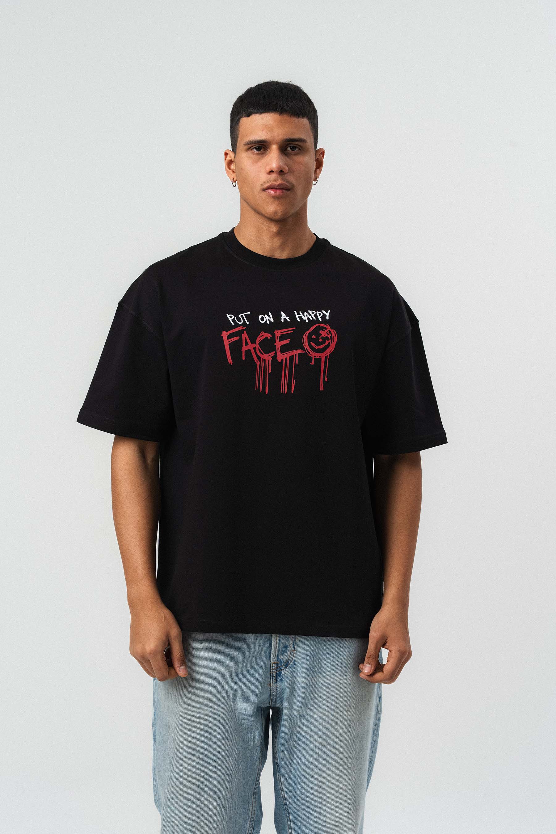 Put On Happy Face Baskılı Siyah Oversize Baskılı T-Shirt