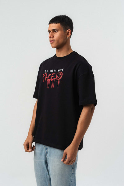 Put On Happy Face Baskılı Siyah Oversize Baskılı T-Shirt