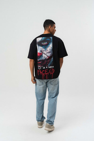 Put On Happy Face Baskılı Siyah Oversize Baskılı T-Shirt
