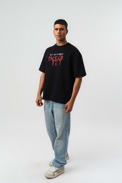 Put On Happy Face Baskılı Siyah Oversize Baskılı T-Shirt