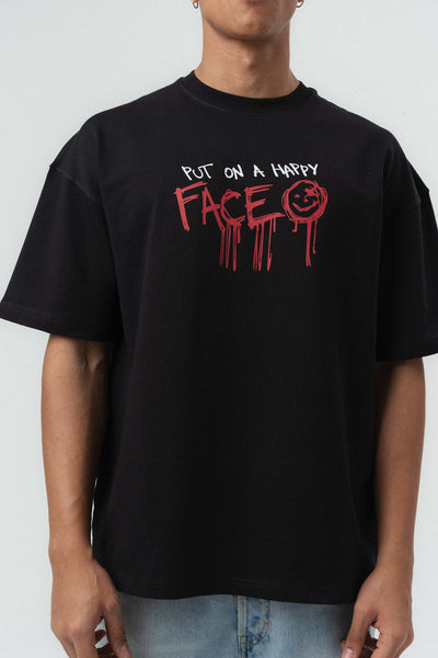 Put On Happy Face Baskılı Siyah Oversize Baskılı T-Shirt