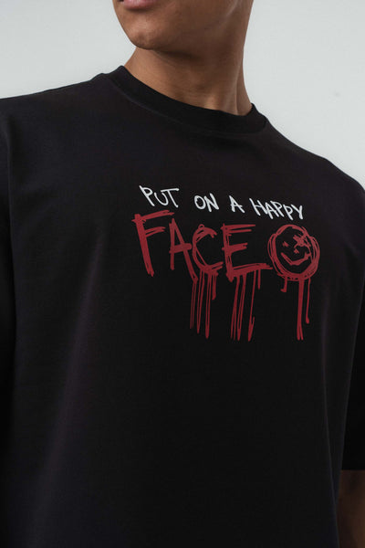 Put On Happy Face Baskılı Siyah Oversize Baskılı T-Shirt