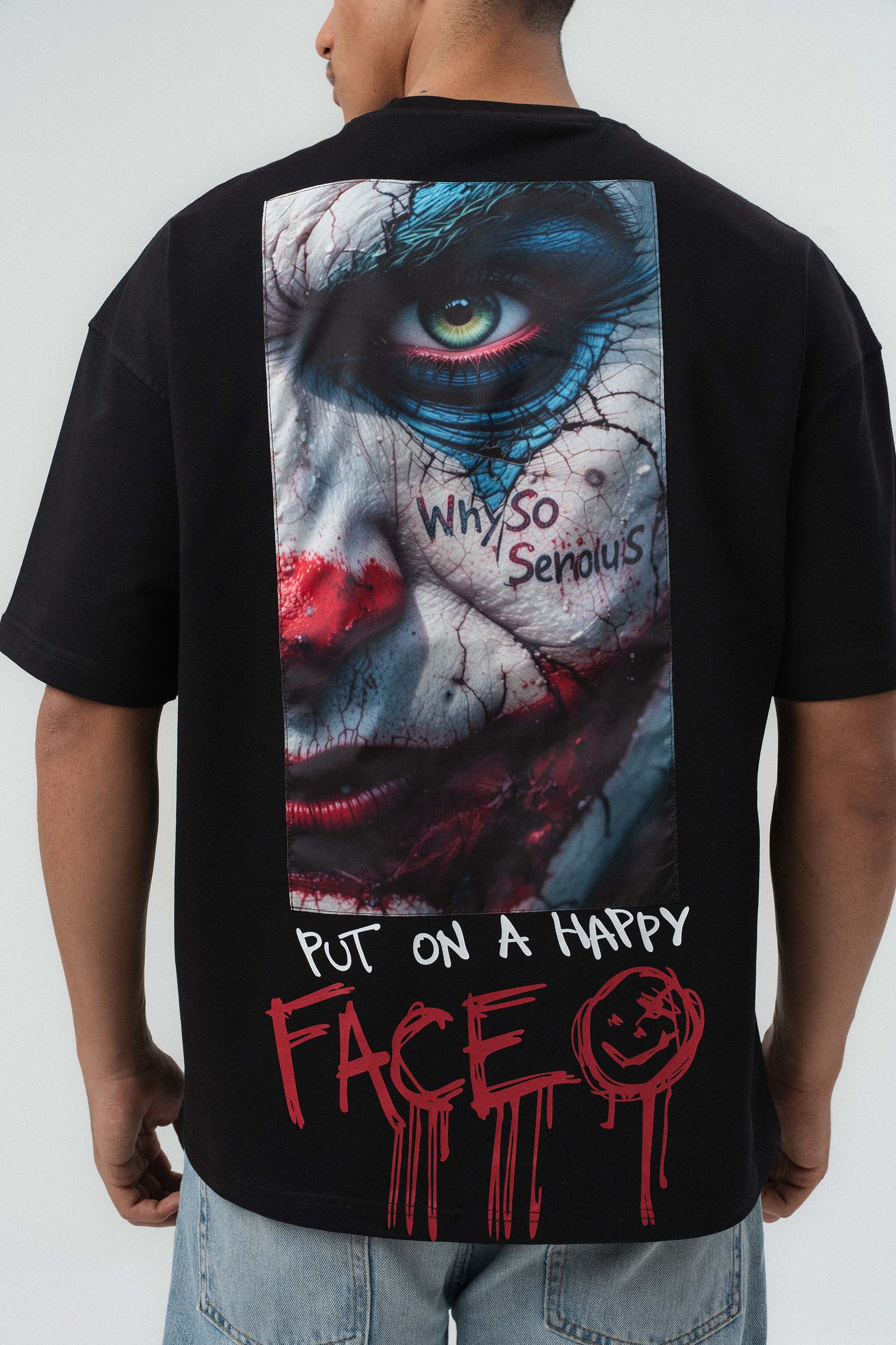 Put On Happy Face Baskılı Siyah Oversize Baskılı T-Shirt