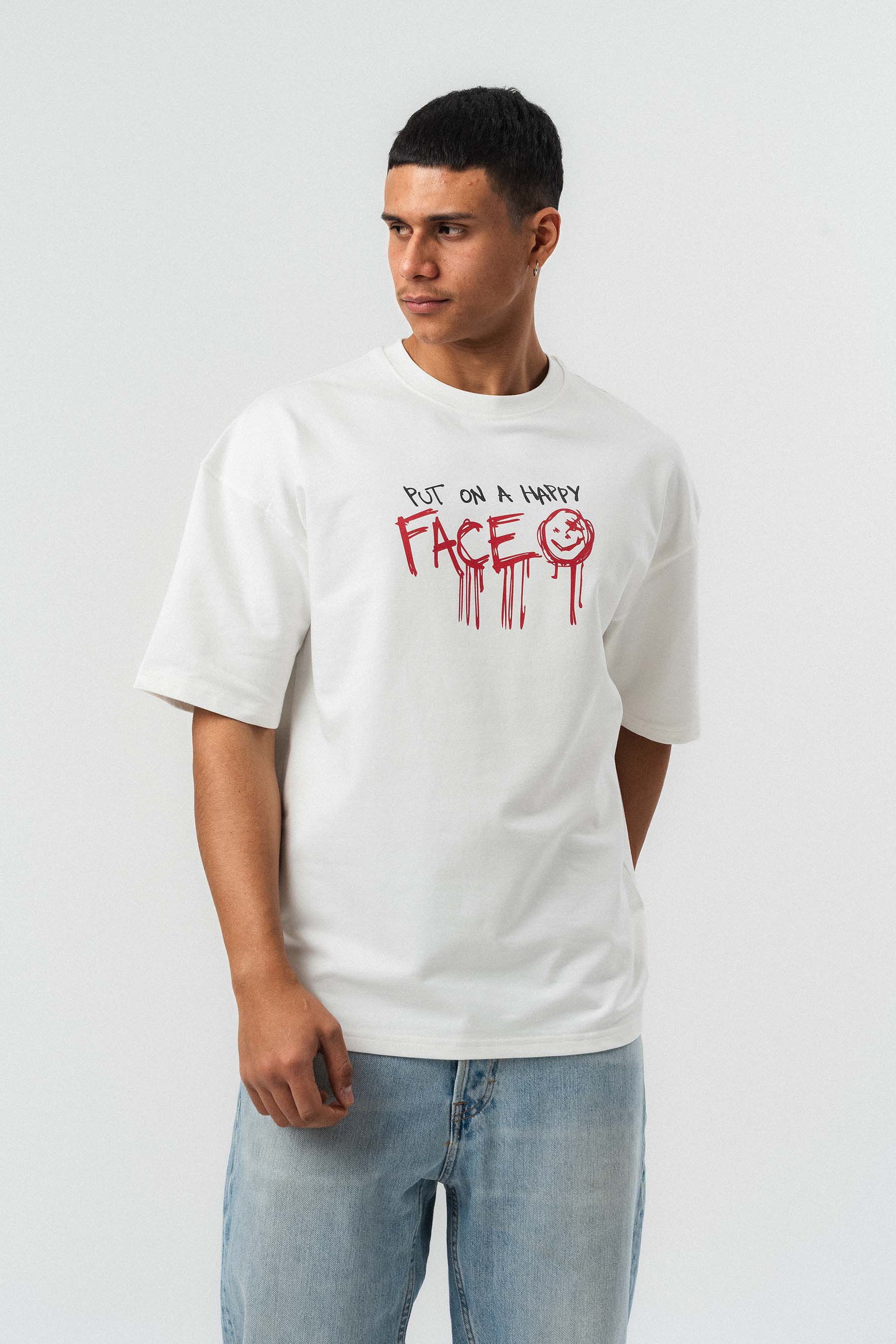 Put On Happy Face Baskılı Beyaz Oversize Baskılı T-Shirt