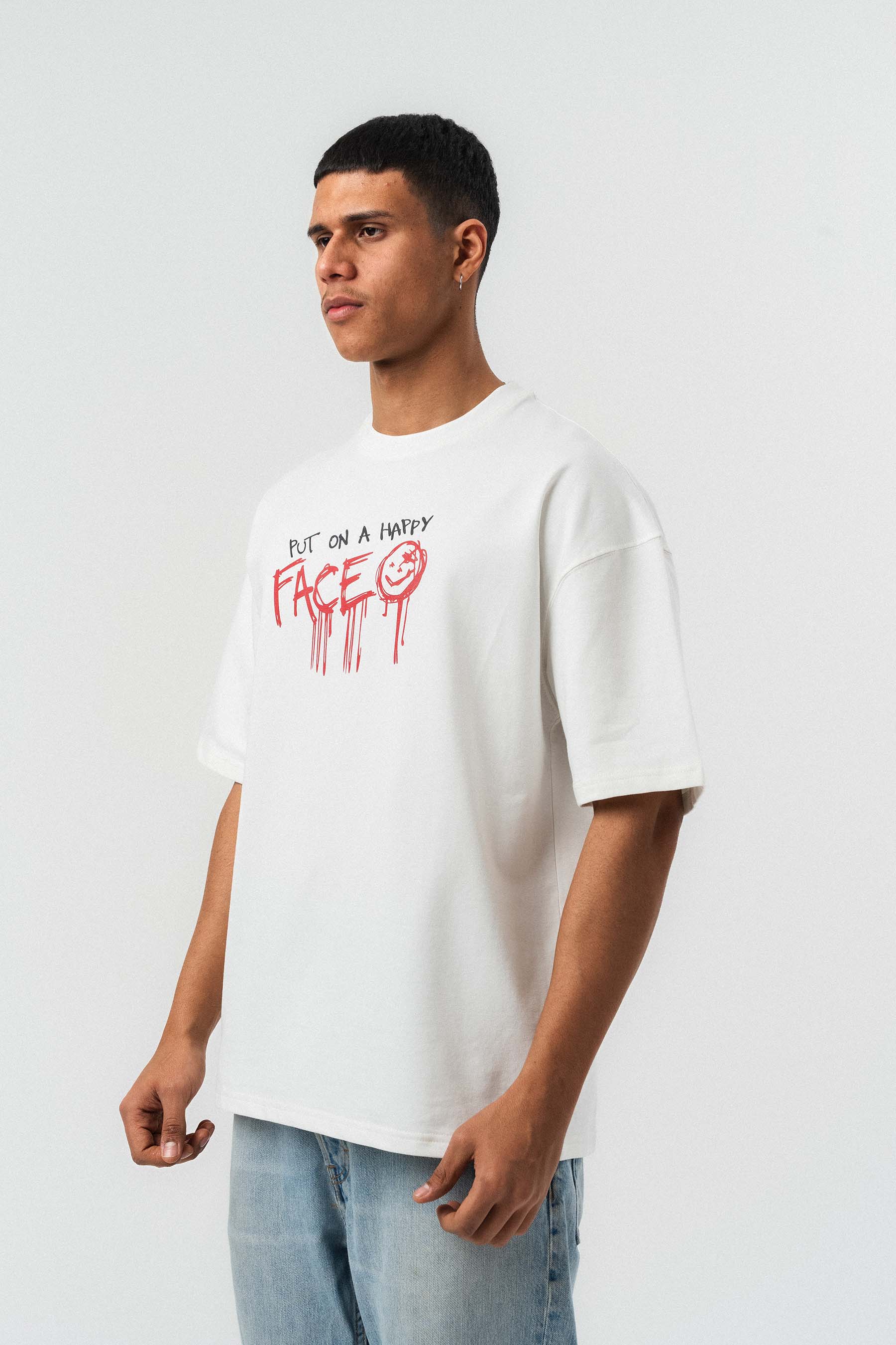 Put On Happy Face Baskılı Beyaz Oversize Baskılı T-Shirt