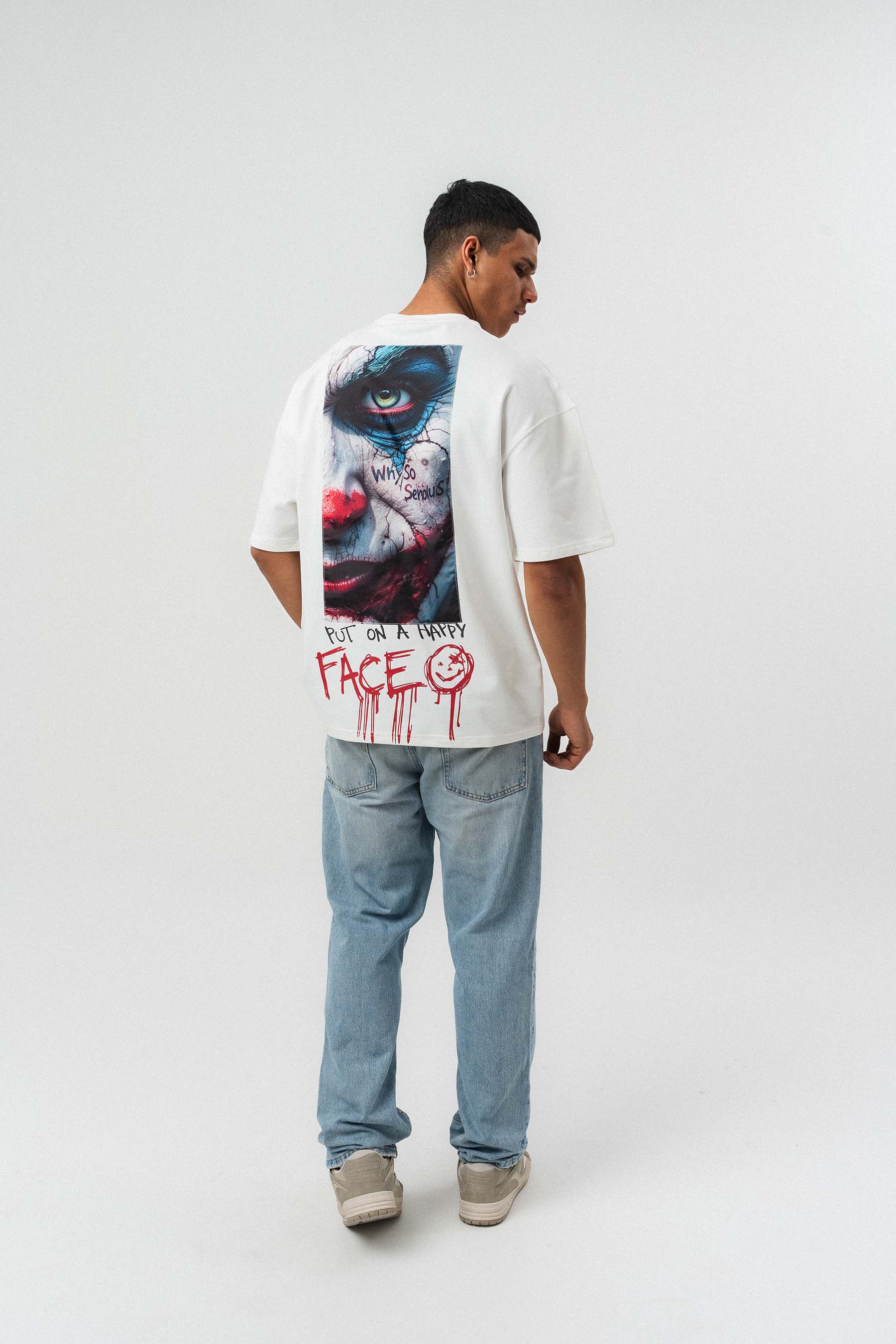 Put On Happy Face Baskılı Beyaz Oversize Baskılı T-Shirt