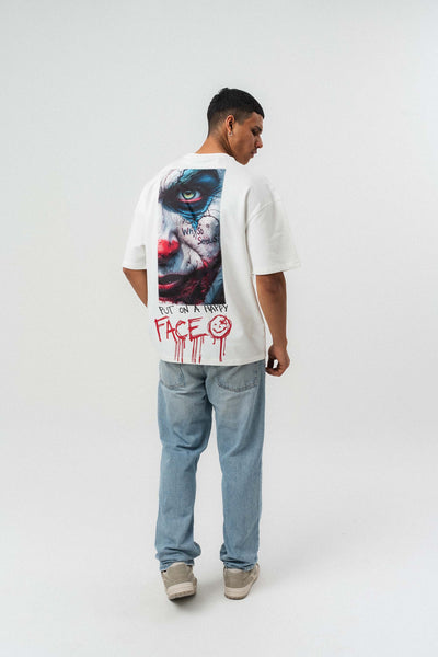 Put On Happy Face Baskılı Beyaz Oversize Baskılı T-Shirt