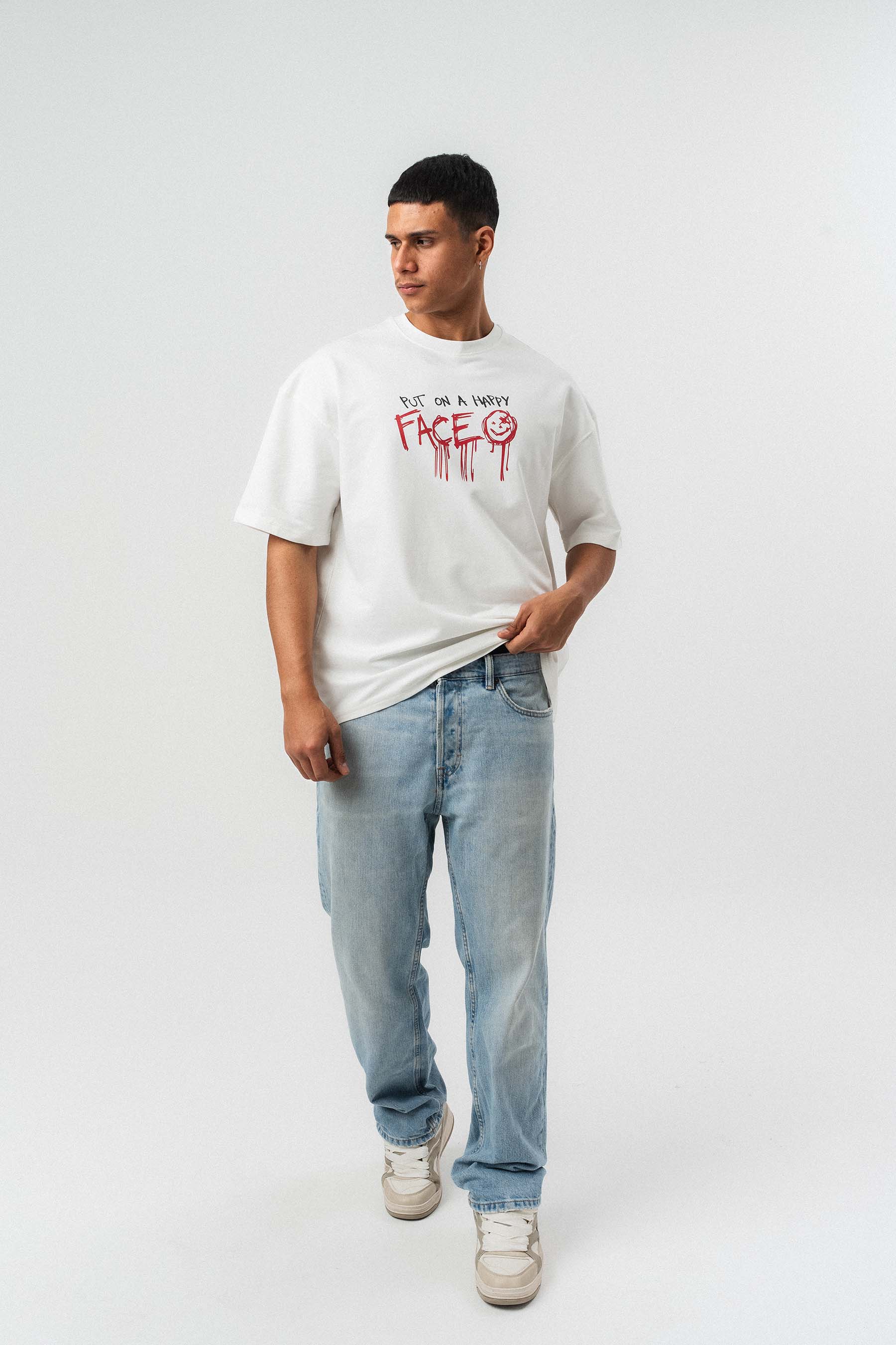 Put On Happy Face Baskılı Beyaz Oversize Baskılı T-Shirt