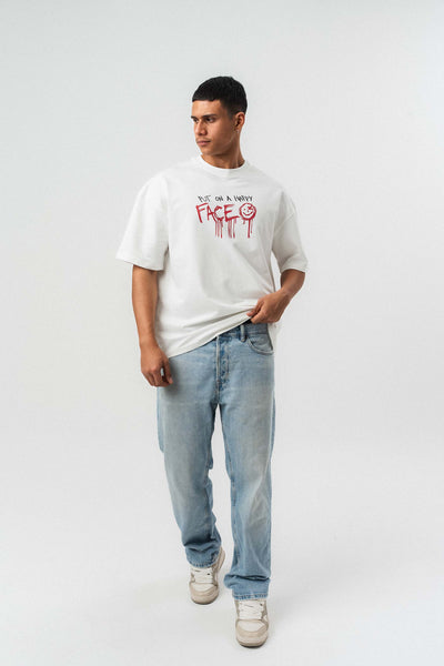 Put On Happy Face Baskılı Beyaz Oversize Baskılı T-Shirt