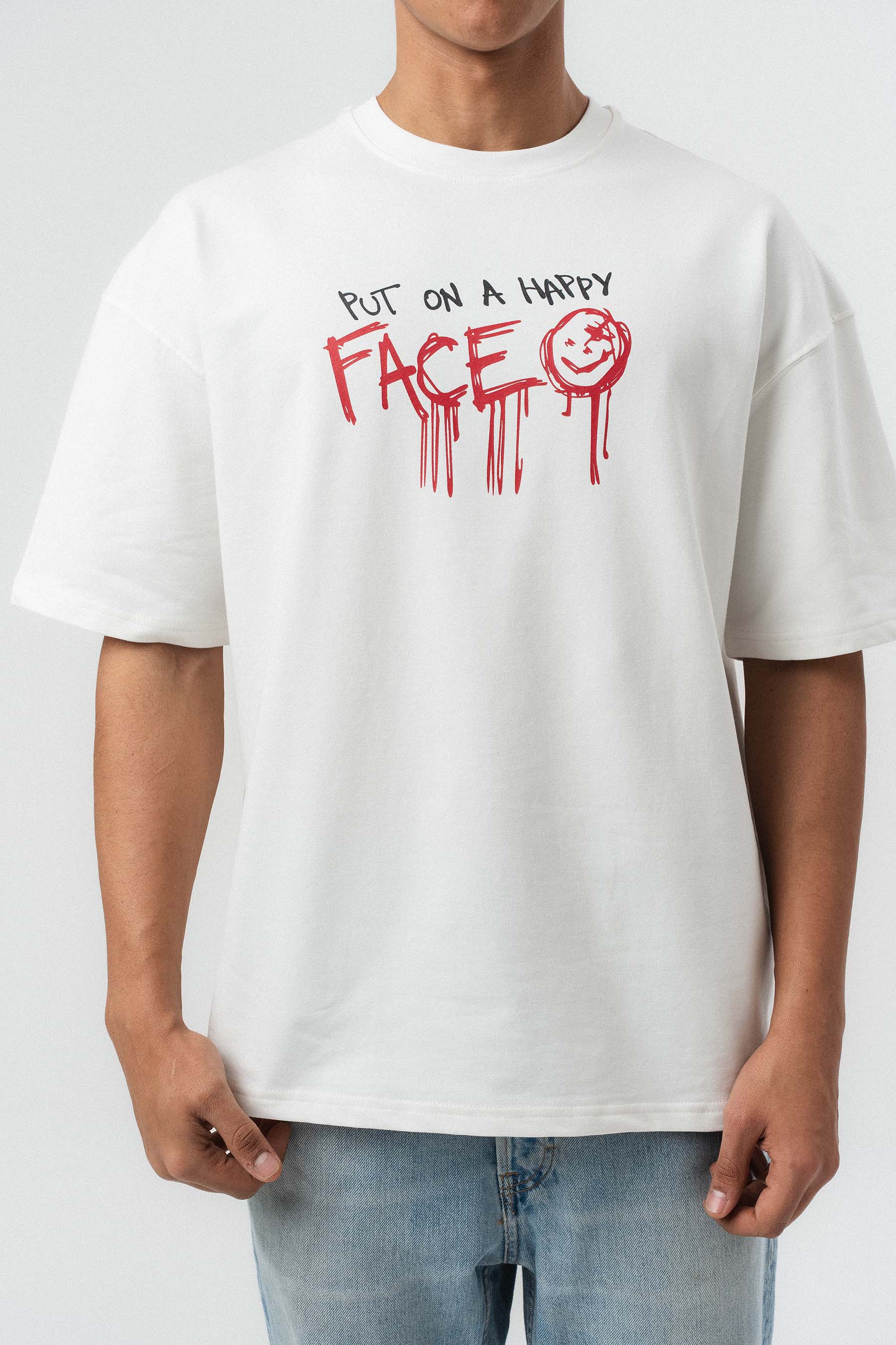 Put On Happy Face Baskılı Beyaz Oversize Baskılı T-Shirt