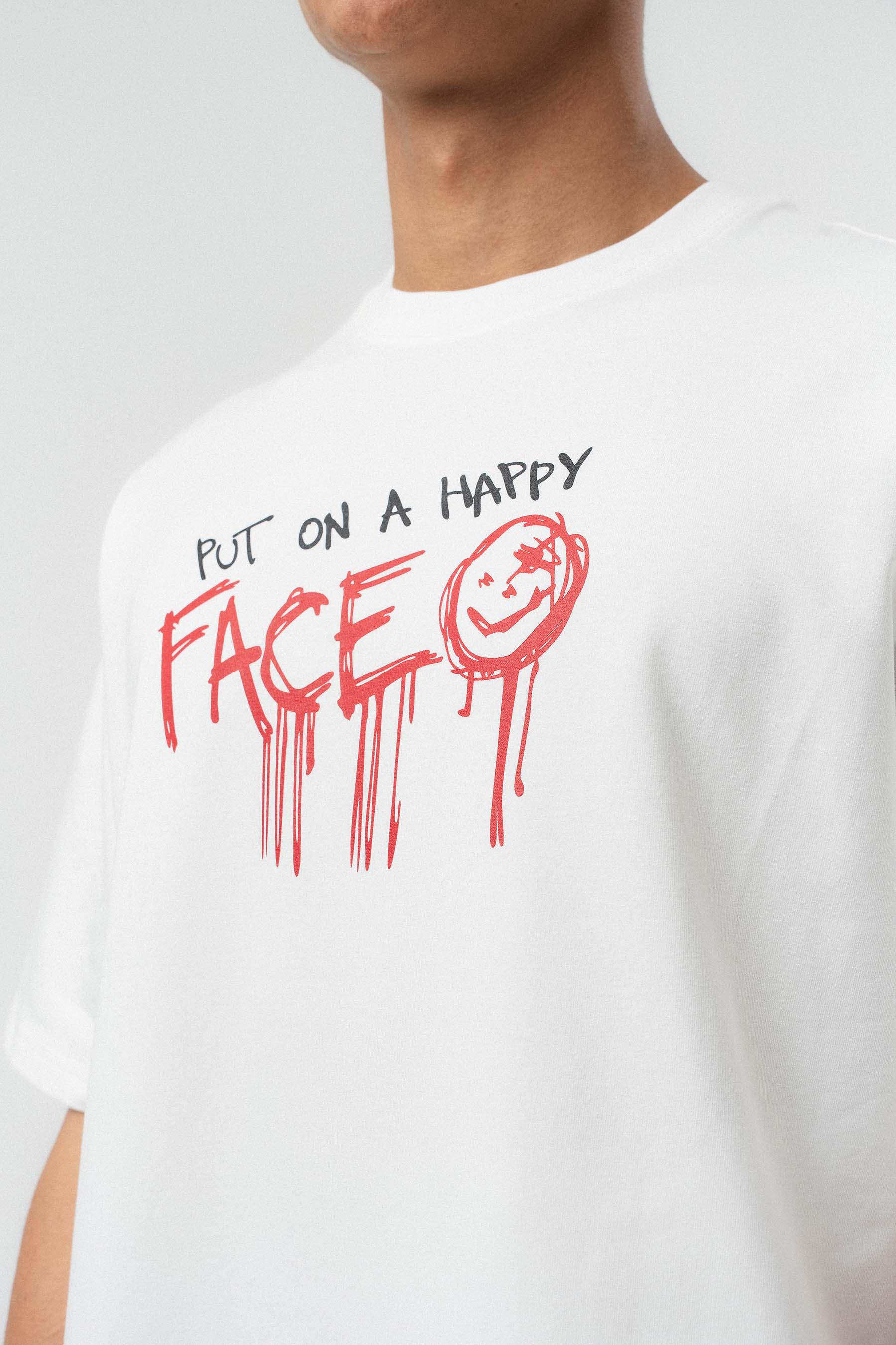 Put On Happy Face Baskılı Beyaz Oversize Baskılı T-Shirt