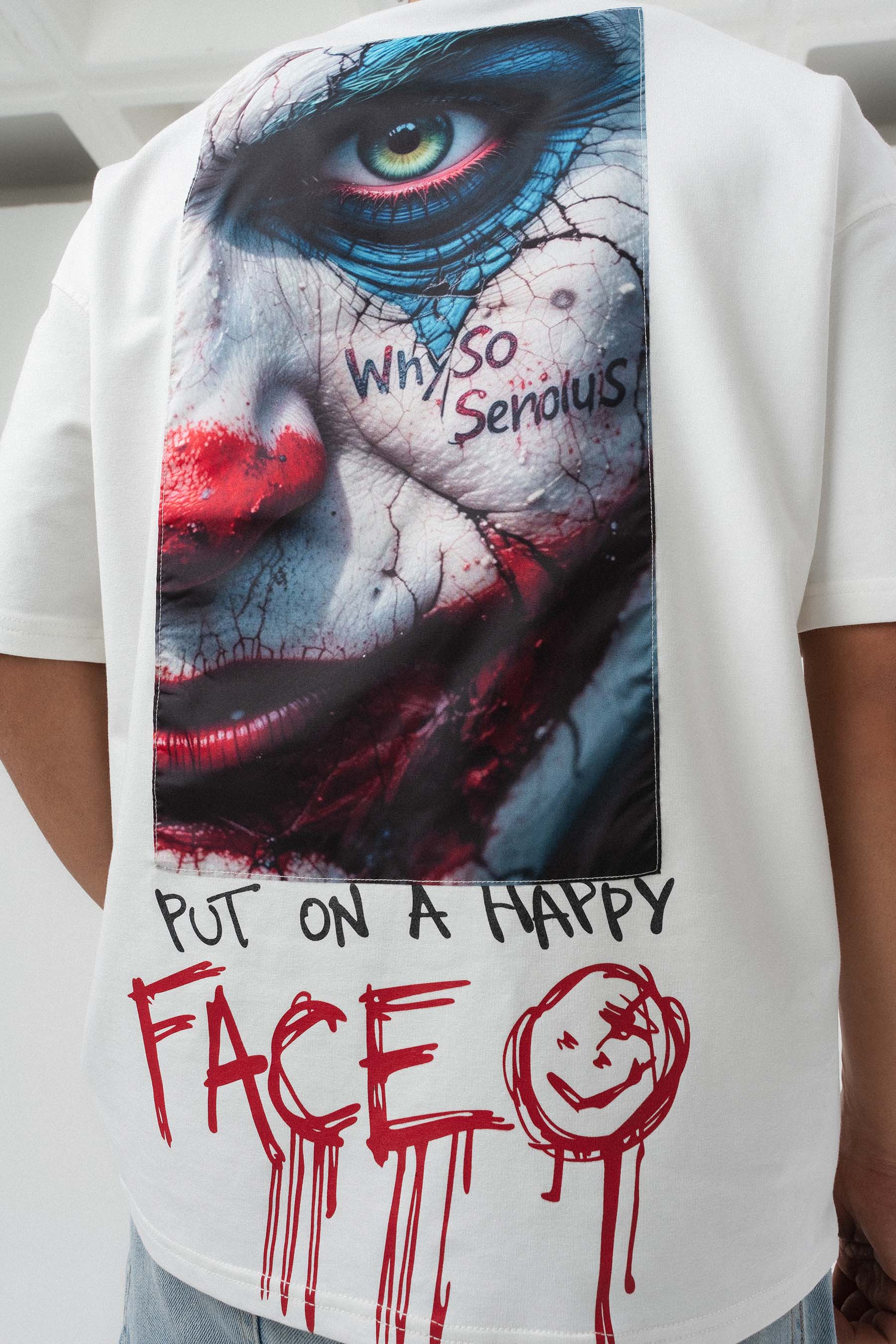 Put On Happy Face Baskılı Beyaz Oversize Baskılı T-Shirt