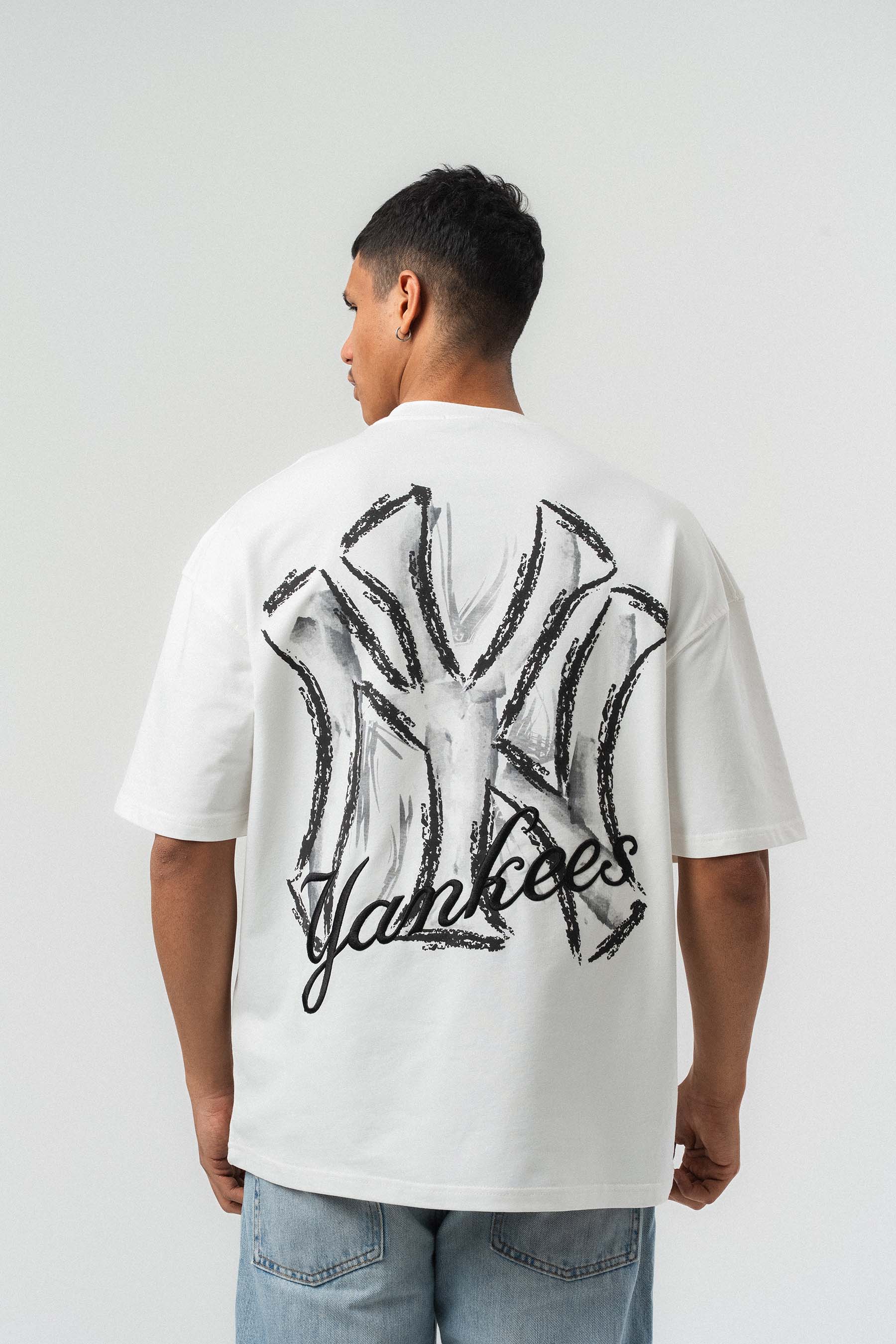 Yankees Kabartmalı Oversize Baskılı T-Shirt Beyaz
