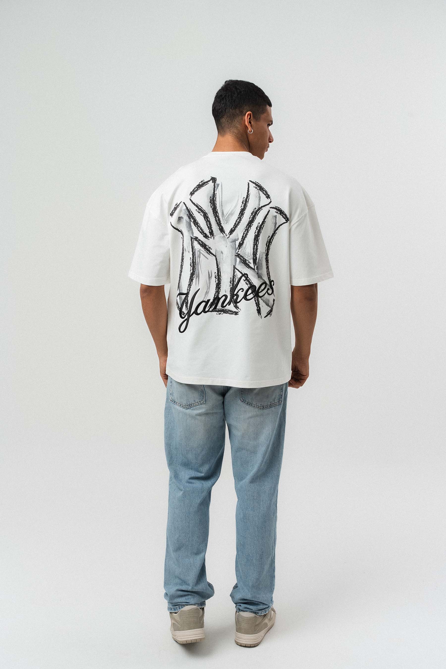Yankees Kabartmalı Oversize Baskılı T-Shirt Beyaz