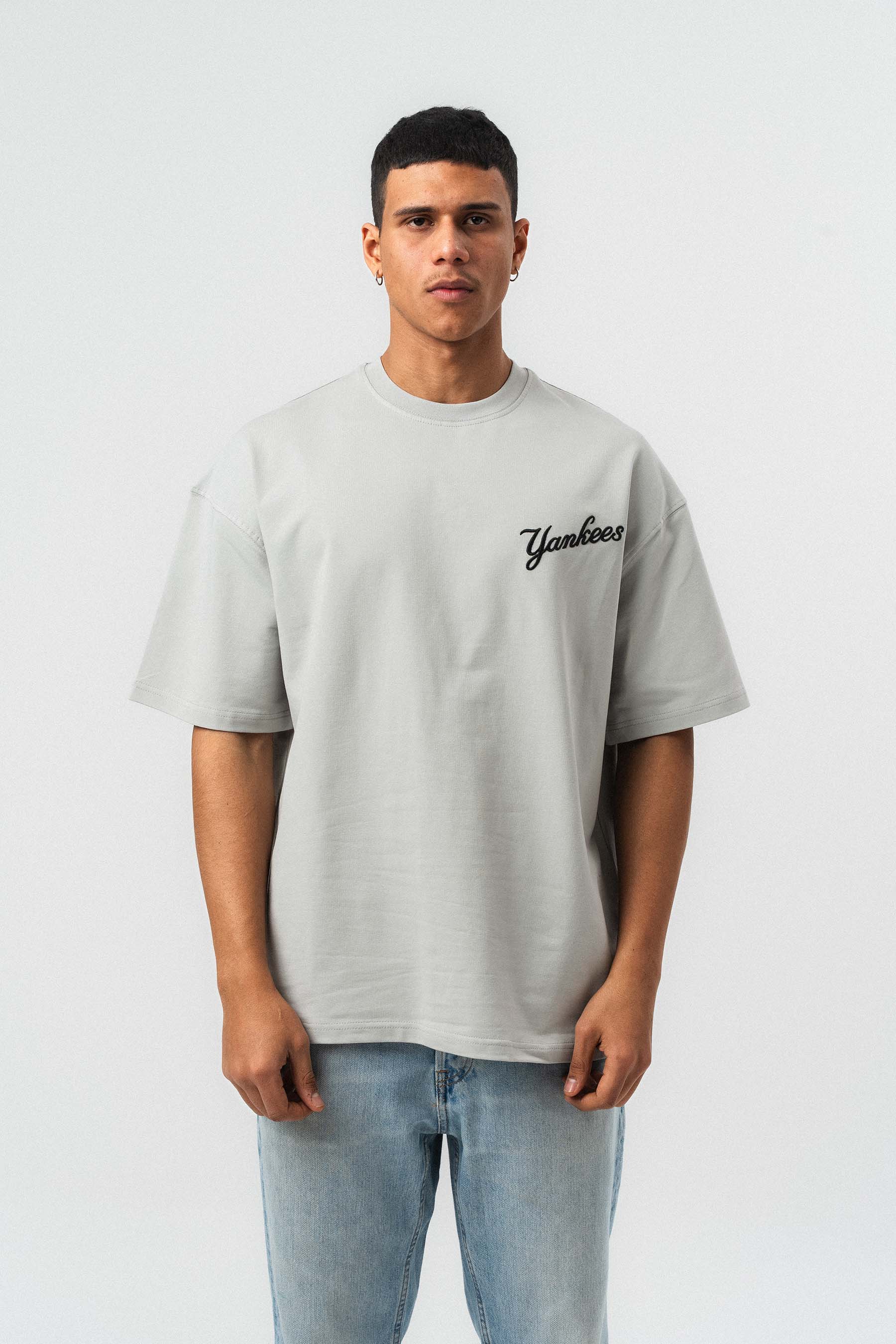 Yankees Kabartmalı Oversize Baskılı T-Shirt Gri