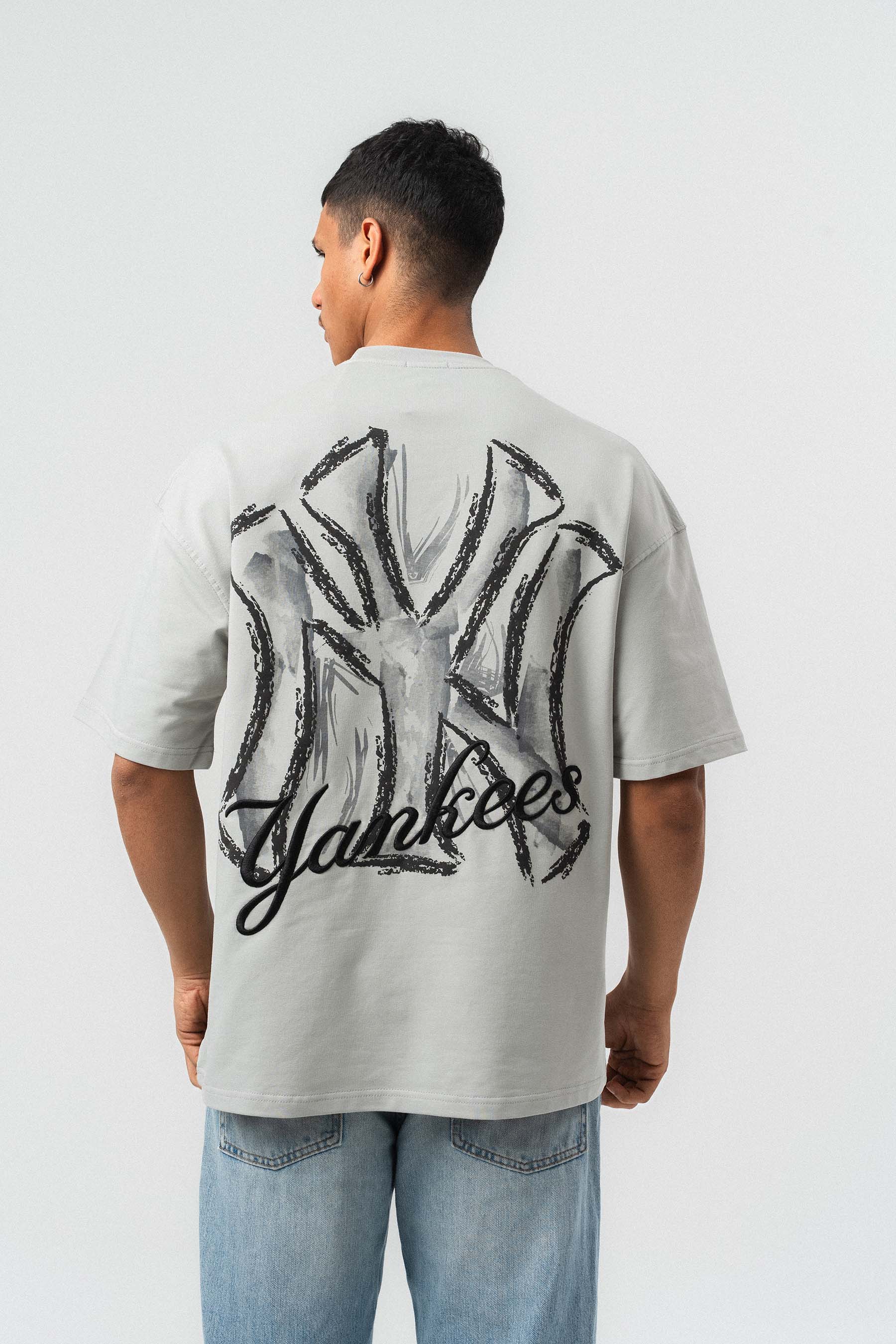 Yankees Kabartmalı Oversize Baskılı T-Shirt Gri