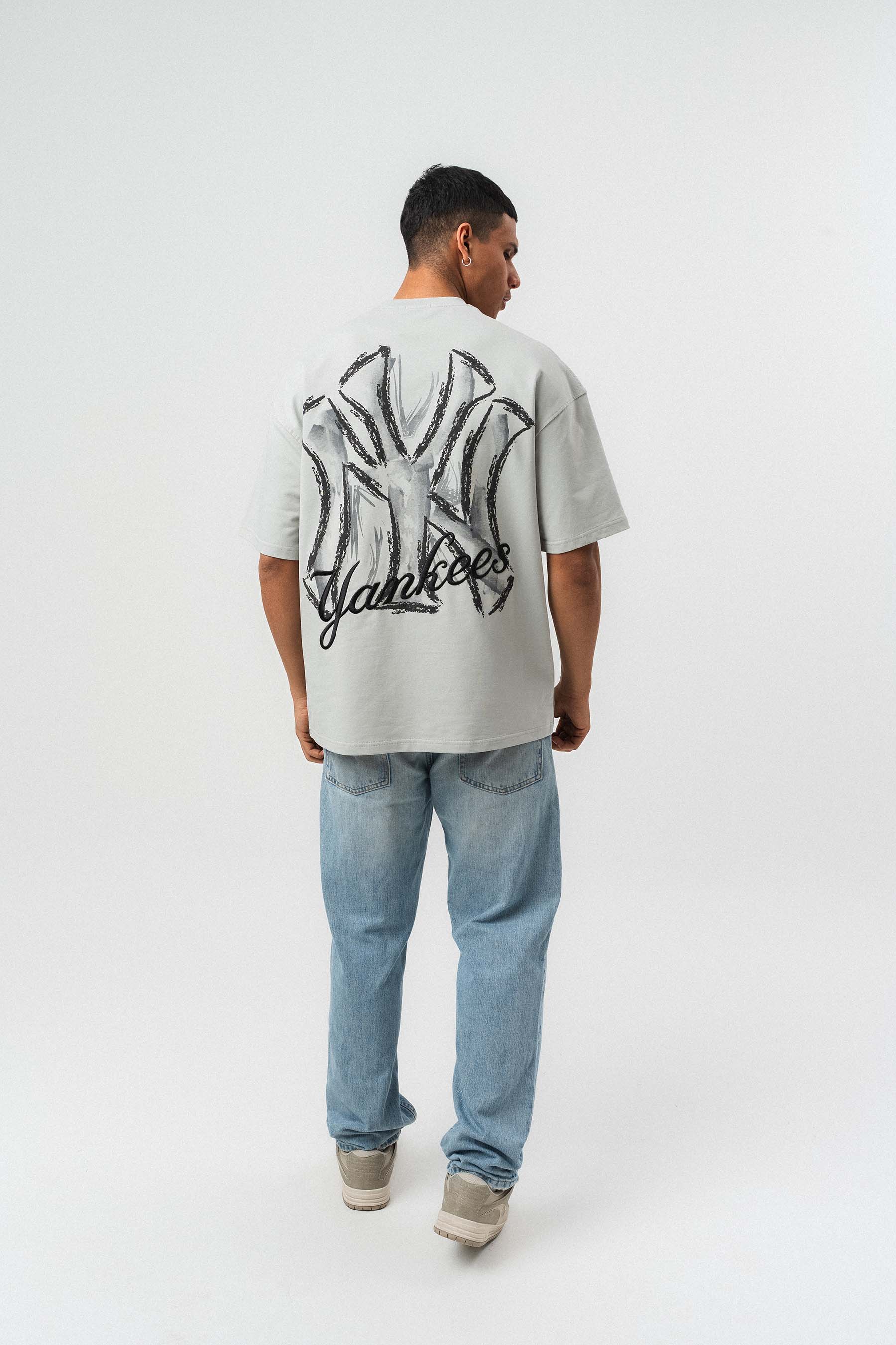 Yankees Kabartmalı Oversize Baskılı T-Shirt Gri
