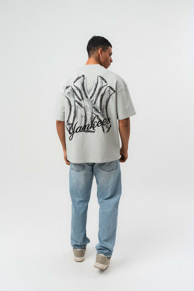 Yankees Kabartmalı Oversize Baskılı T-Shirt Gri