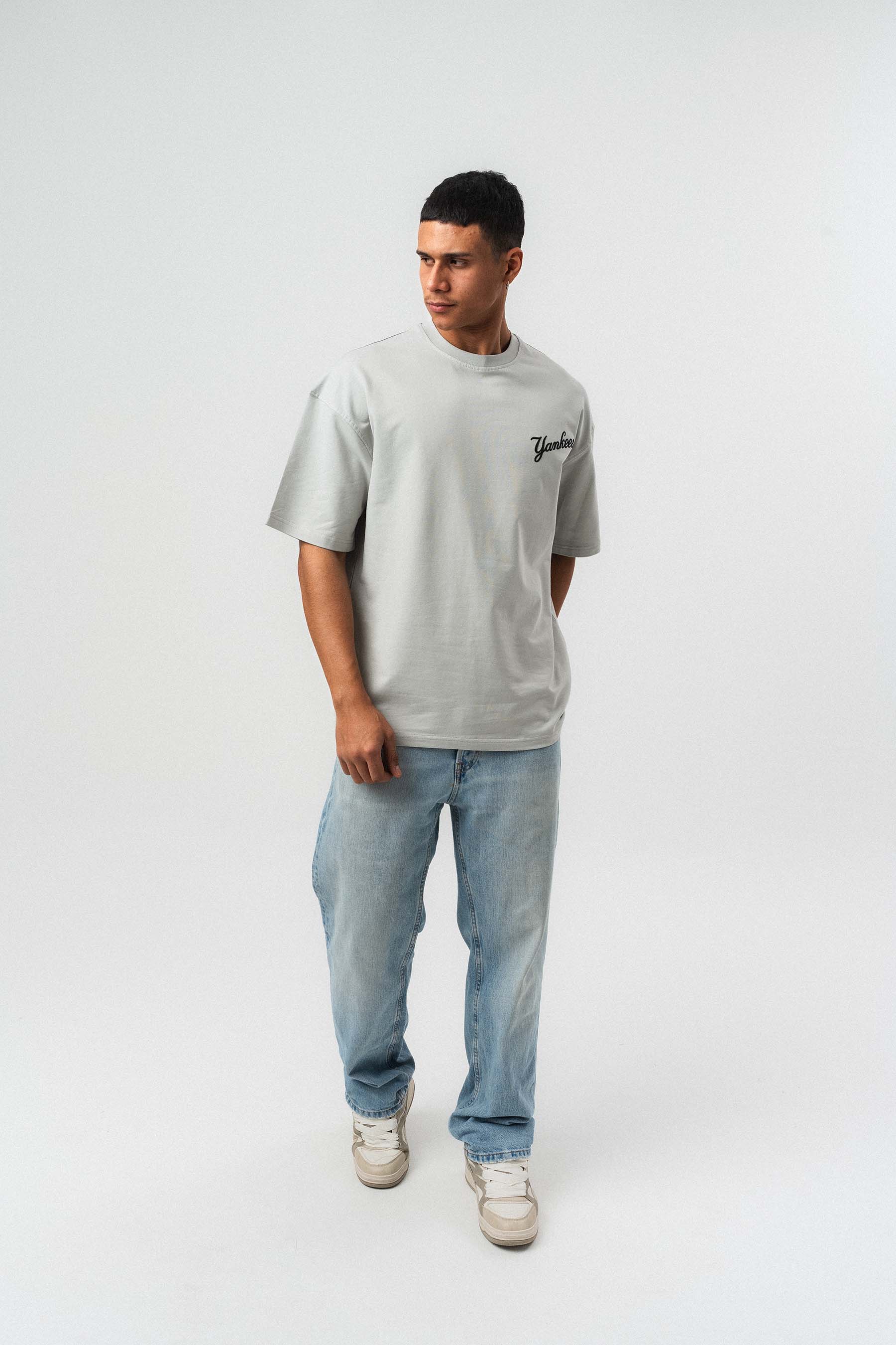 Yankees Kabartmalı Oversize Baskılı T-Shirt Gri