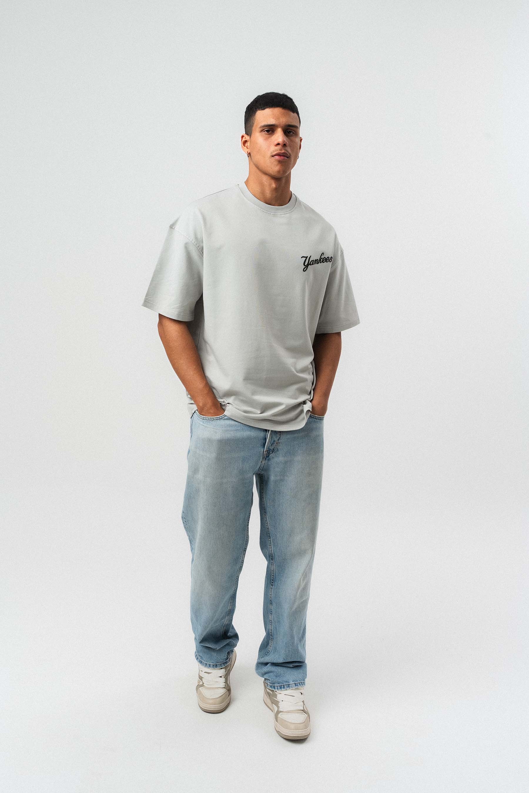 Yankees Kabartmalı Oversize Baskılı T-Shirt Gri