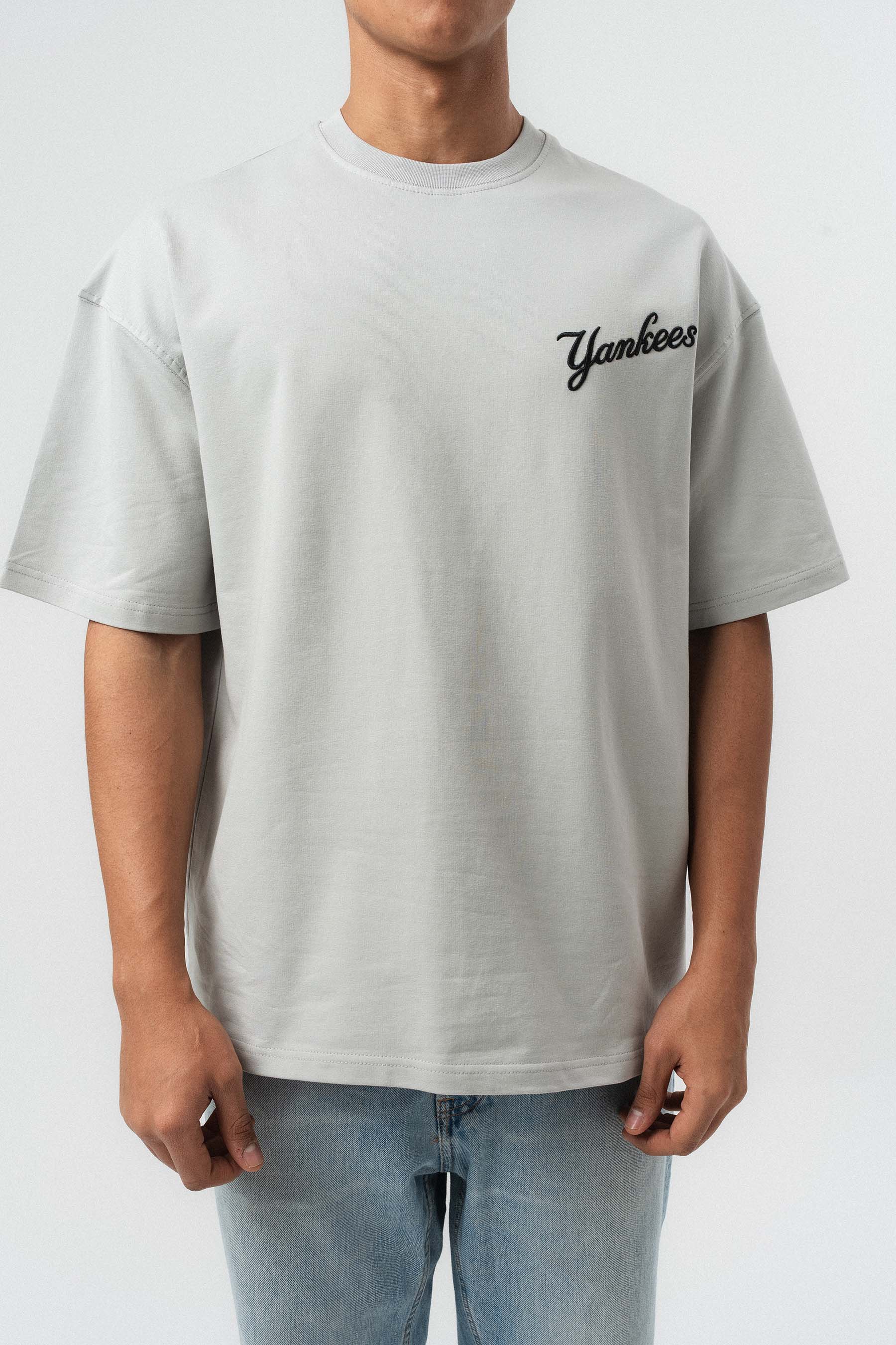 Yankees Kabartmalı Oversize Baskılı T-Shirt Gri