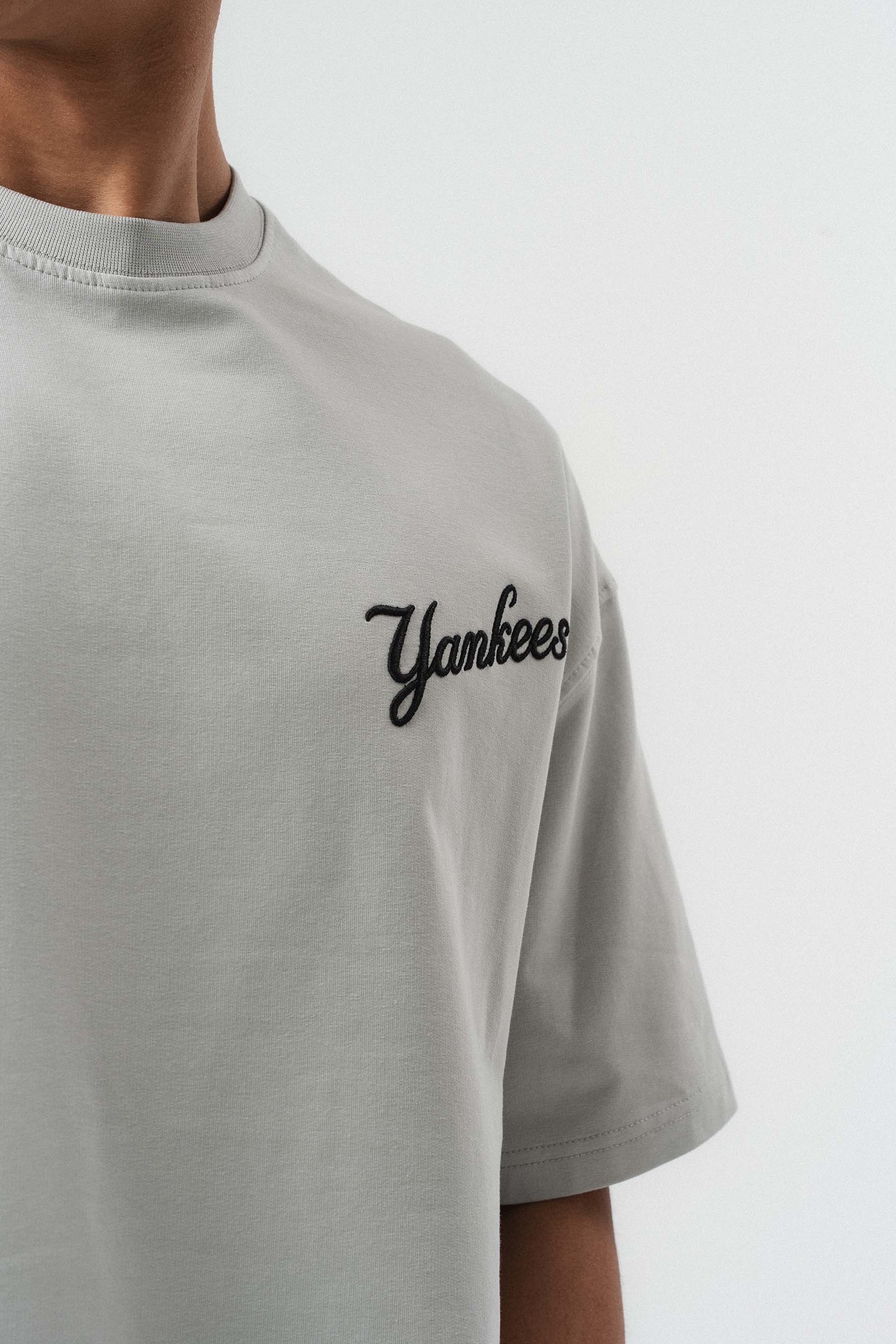 Yankees Kabartmalı Oversize Baskılı T-Shirt Gri