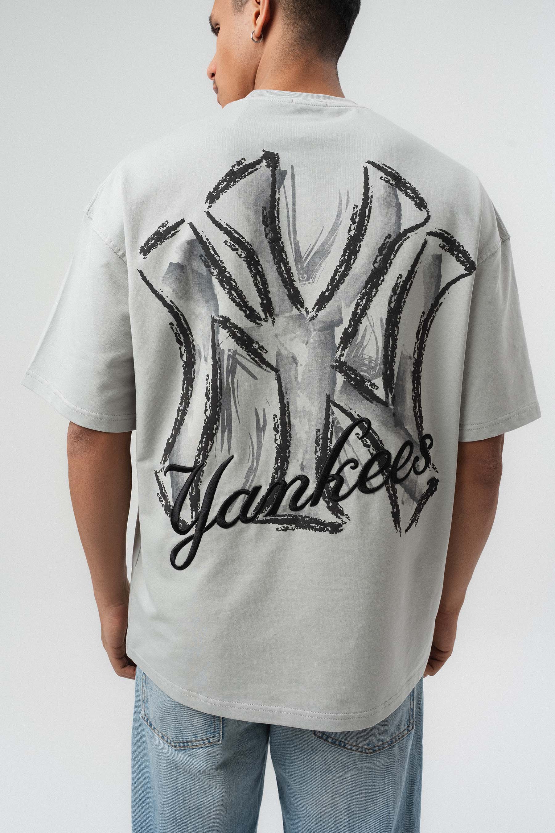 Yankees Kabartmalı Oversize Baskılı T-Shirt Gri