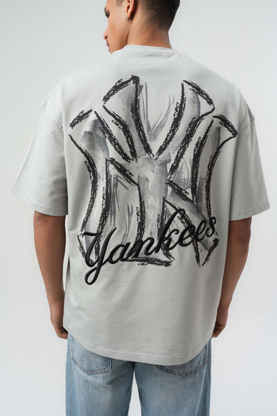 Yankees Kabartmalı Oversize Baskılı T-Shirt Gri