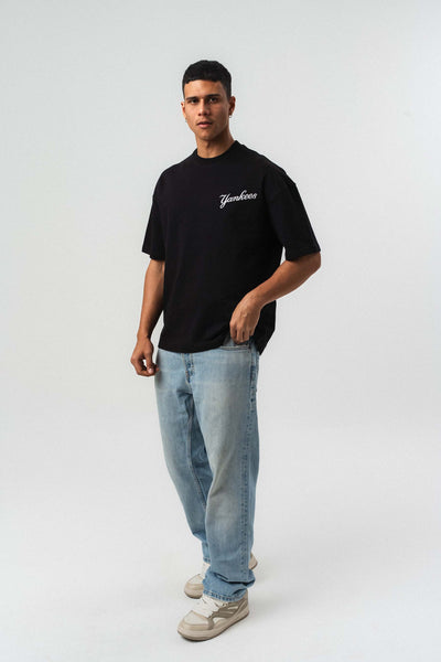 Yankees Kabartmalı Oversize Baskılı T-Shirt Siyah