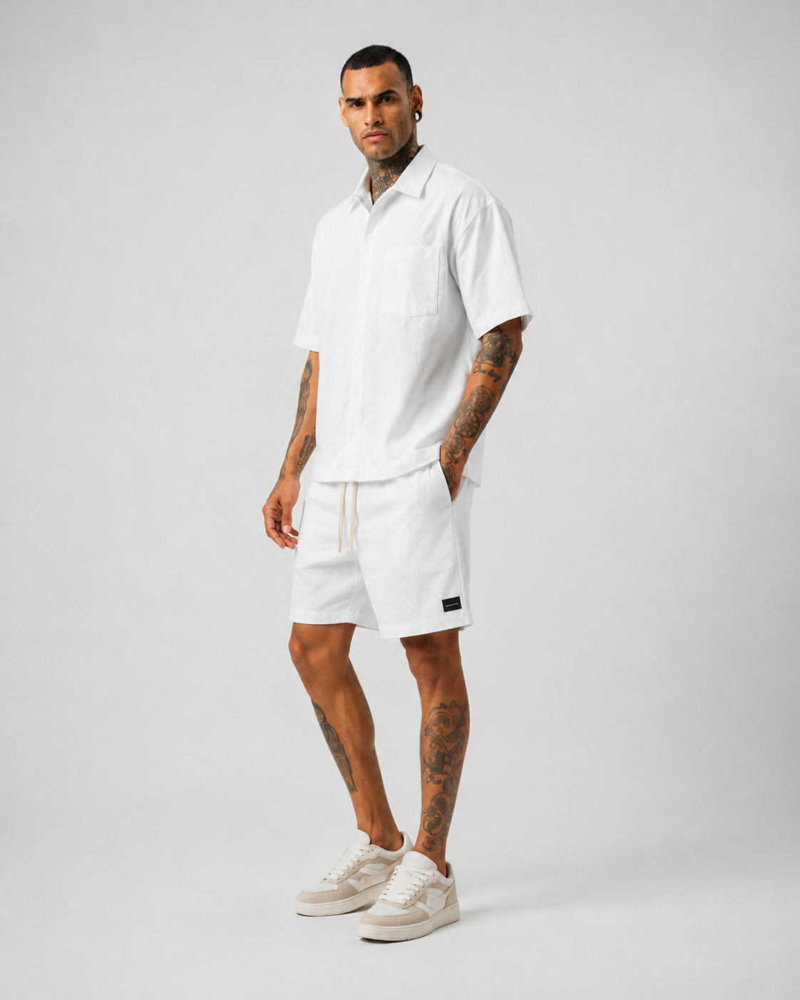 Ketenli Nakışlı Regular Fit Şort & Gömlek Beyaz Takım