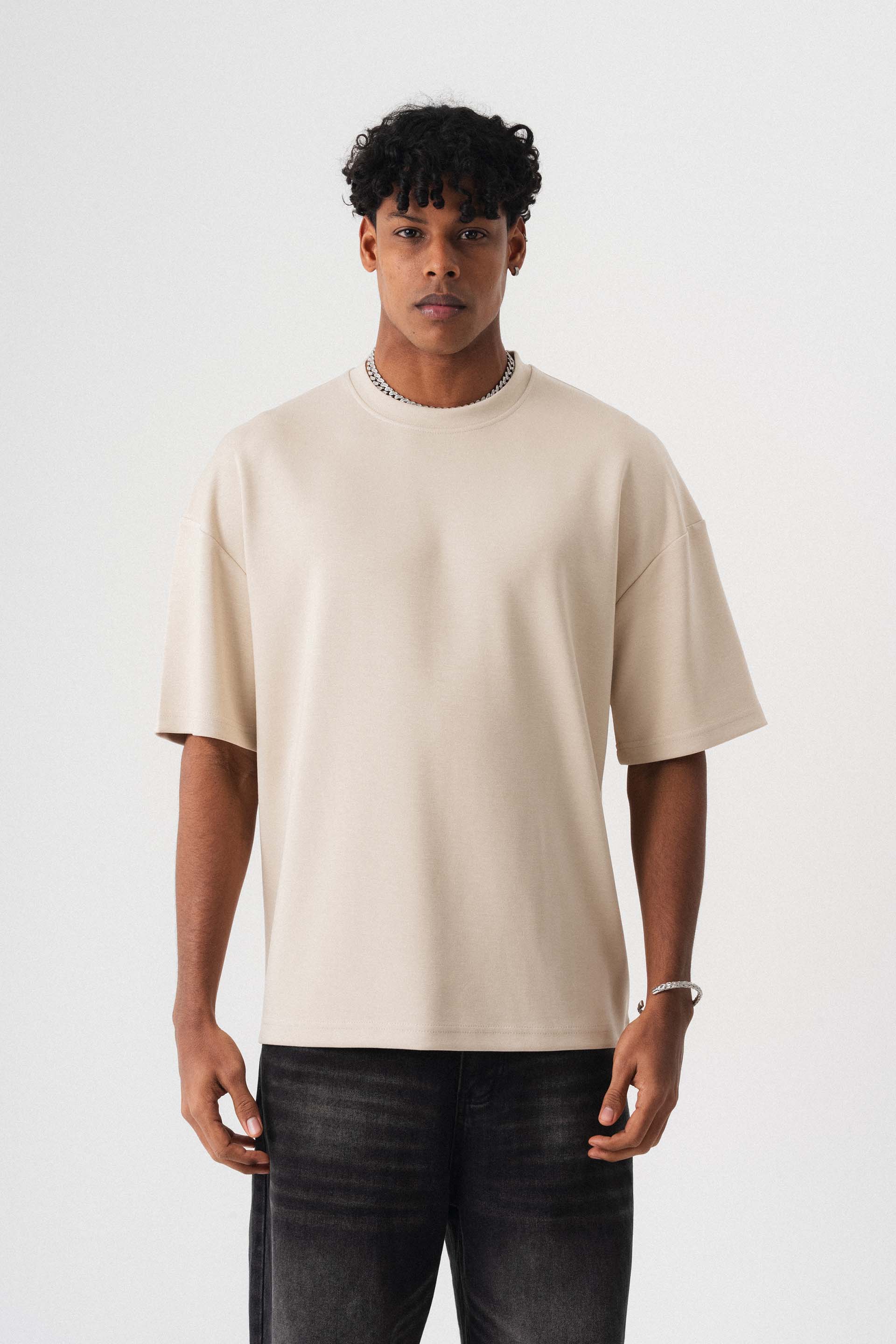 Oversize Basic Krem T-Shirt