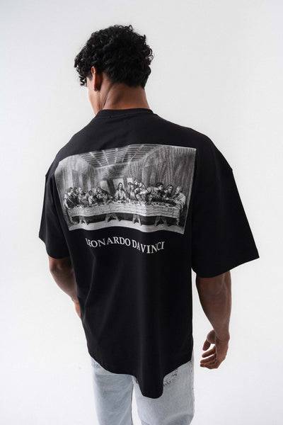 Leonardo Da Vinci Siyah Oversize Baskılı T-Shirt