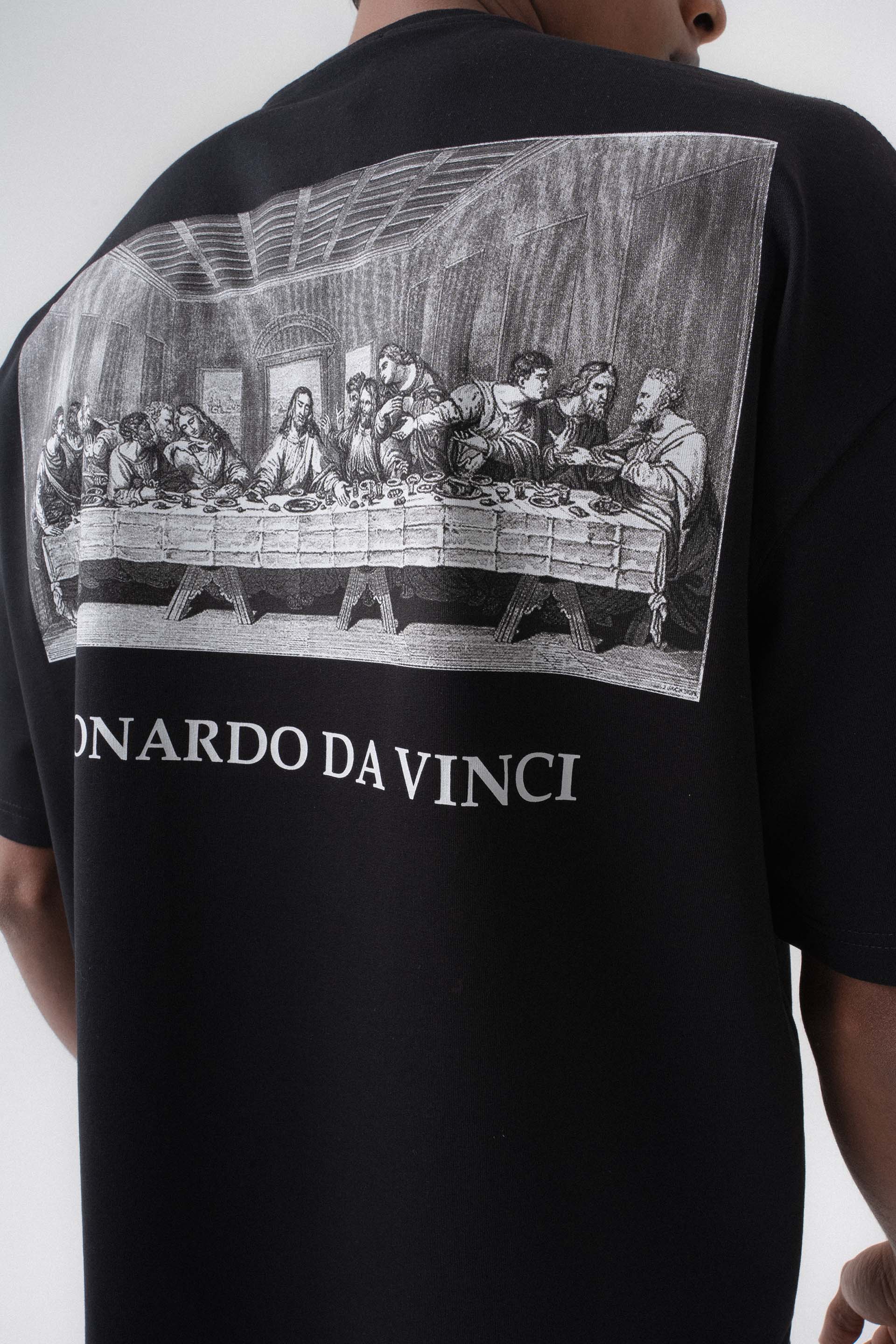 Leonardo Da Vinci Siyah Oversize Baskılı T-Shirt