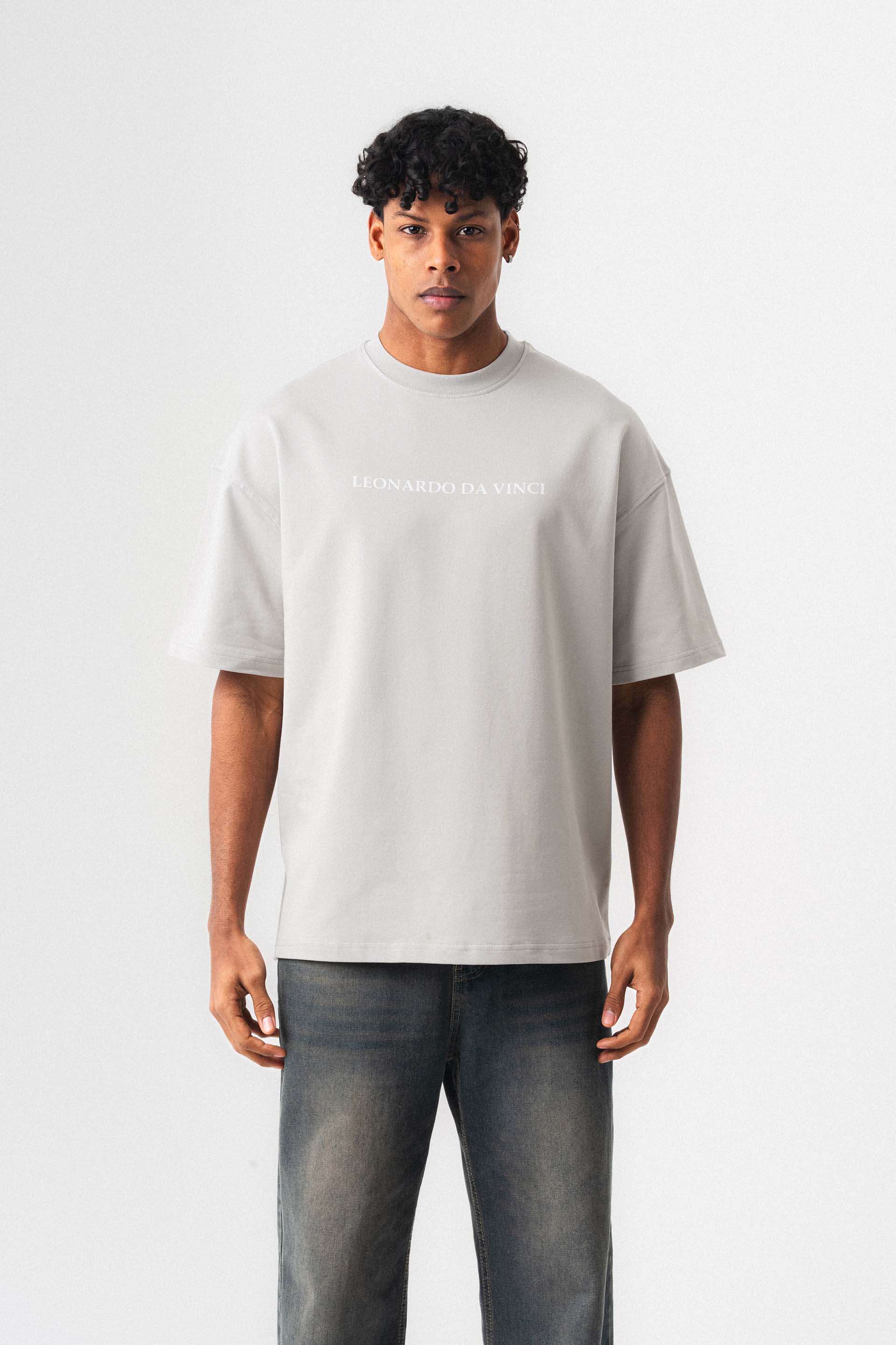 Leonardo Da Vinci Gri Oversize Baskılı T-Shirt