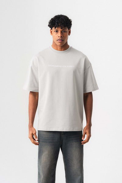 Leonardo Da Vinci Gri Oversize Baskılı T-Shirt