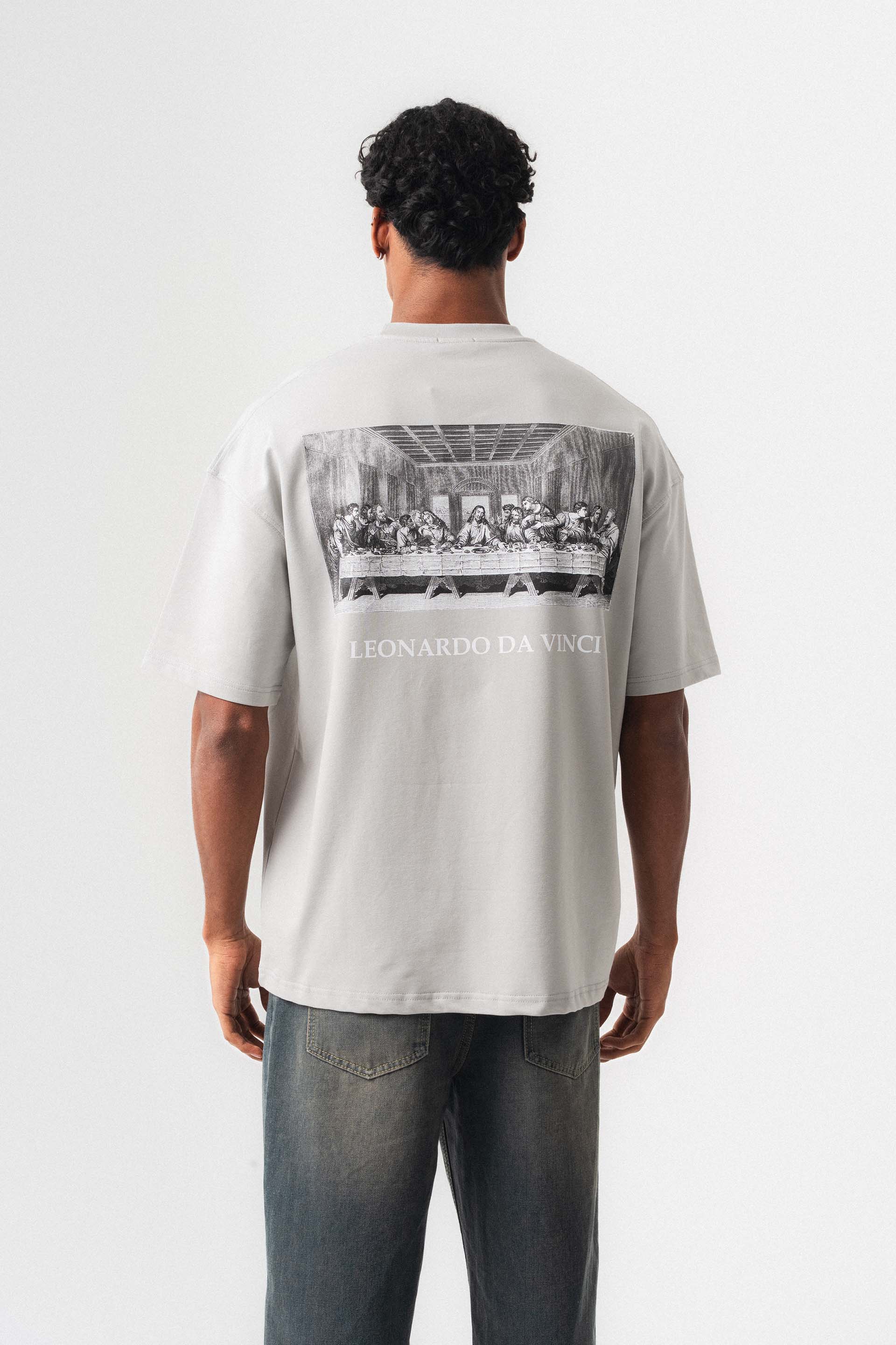 Leonardo Da Vinci Gri Oversize Baskılı T-Shirt