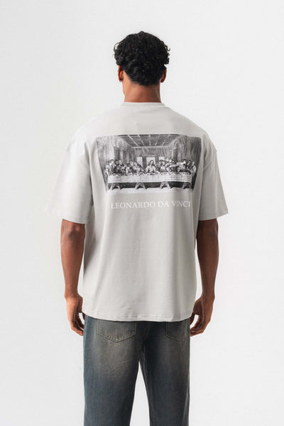 Leonardo Da Vinci Gri Oversize Baskılı T-Shirt