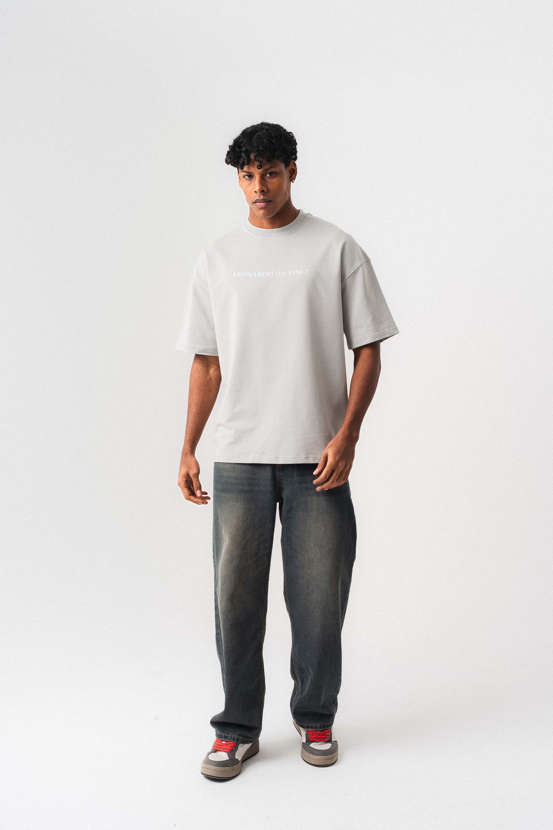 Leonardo Da Vinci Gri Oversize Baskılı T-Shirt