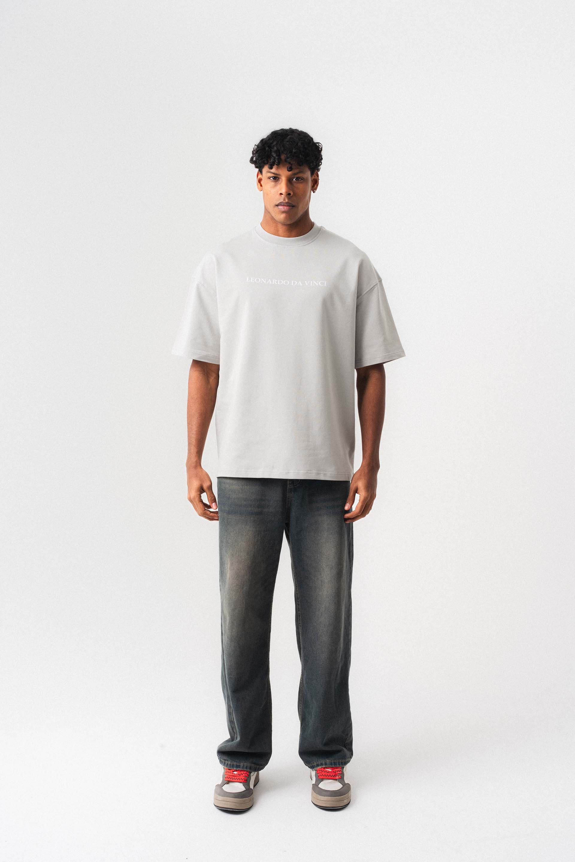 Leonardo Da Vinci Gri Oversize Baskılı T-Shirt